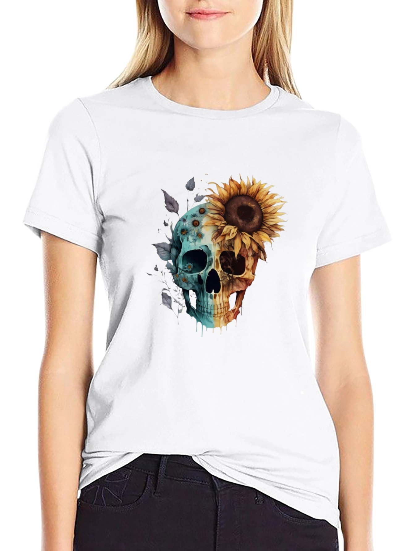 Black Sunflower Skull Graphic Tee - Men's Black T-Shirt view 9