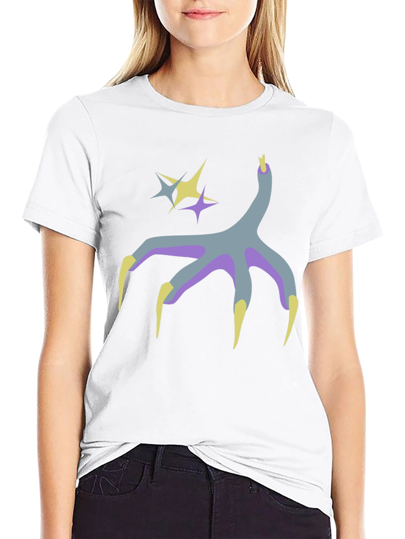 Black Graphic Print Tee - Bird Claw and Stars Design view 9