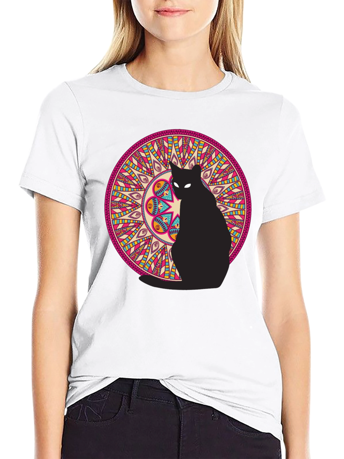Black Black Cat Mandala Graphic Tee view 9