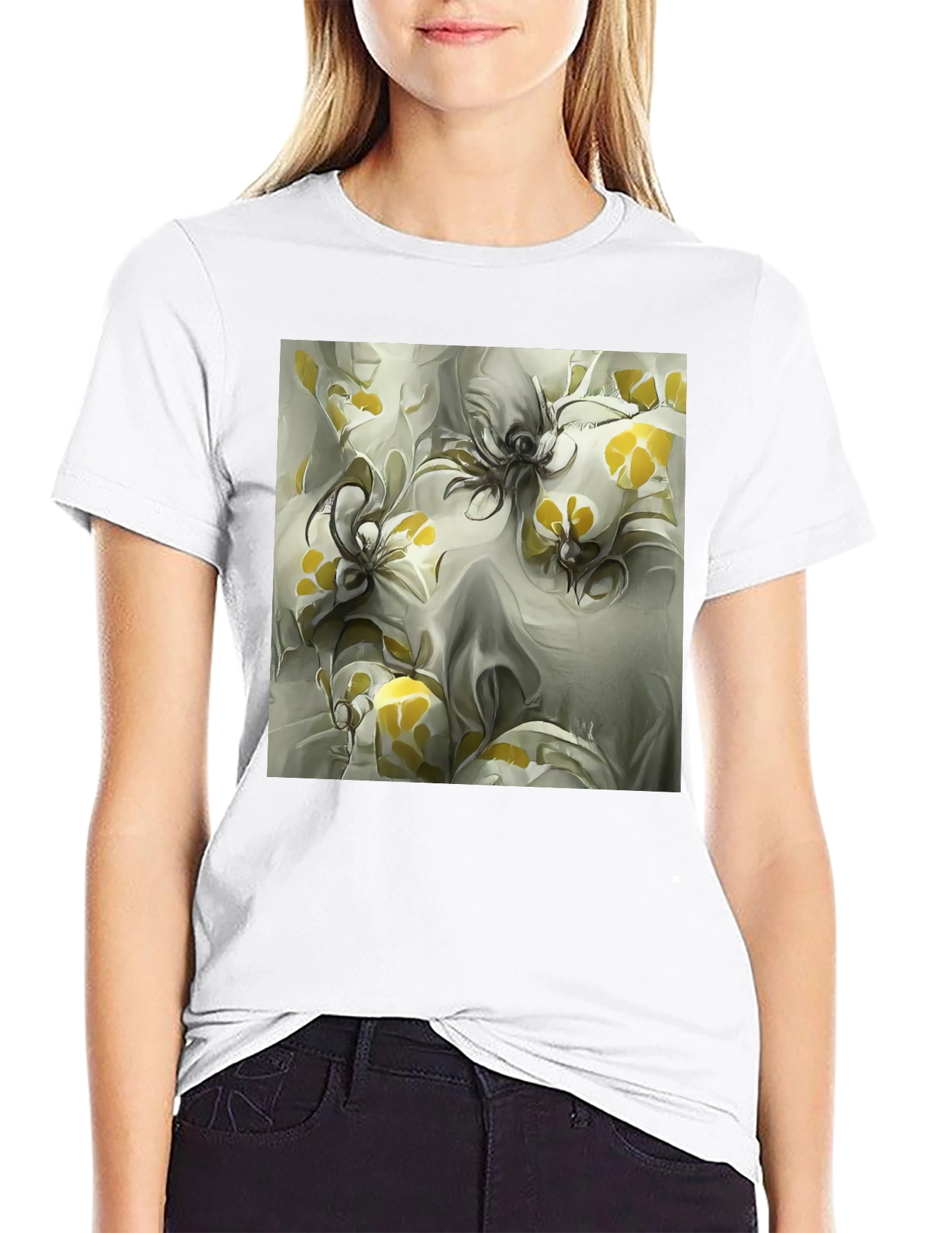 Black Abstract Floral Print Black T-Shirt view 9