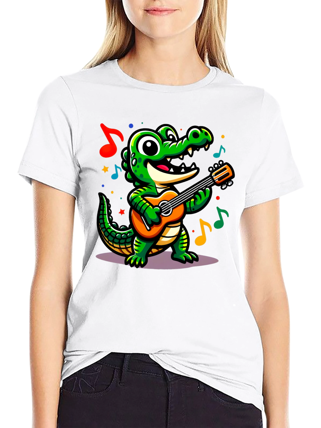 Black Cartoon Alligator Guitar T-Shirt view 9