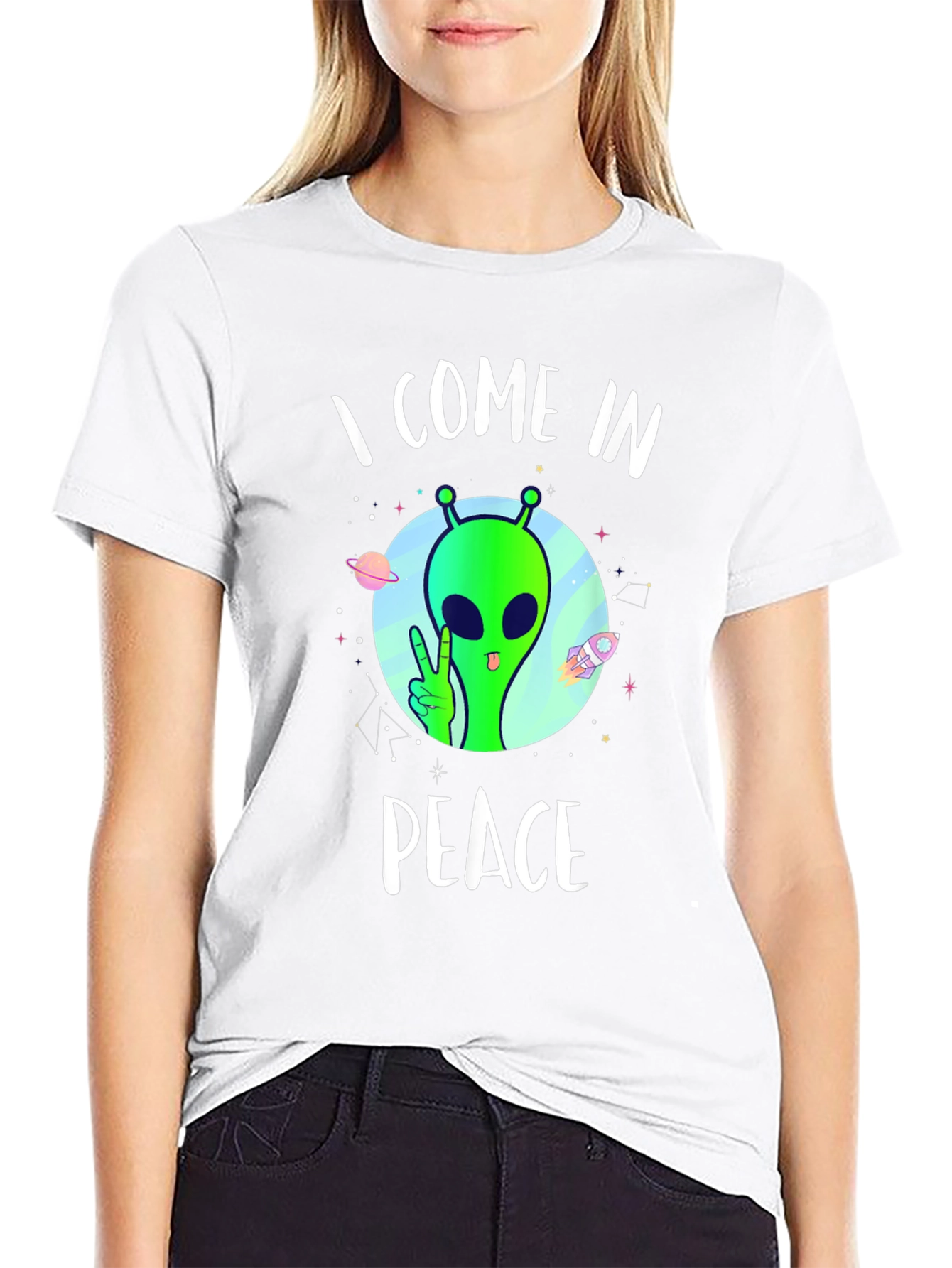 Black I Come In Peace Alien T-Shirt view 9