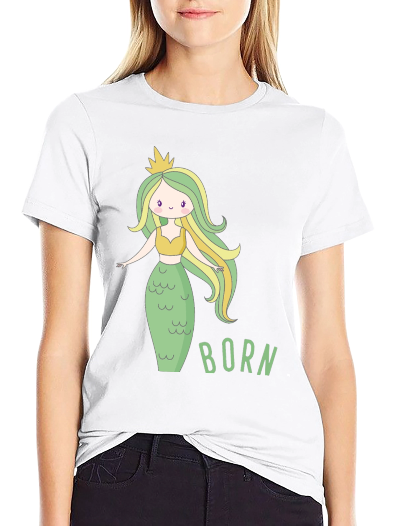 Black Mermaid Born T-Shirt - Cute Cartoon Graphic Tee view 9