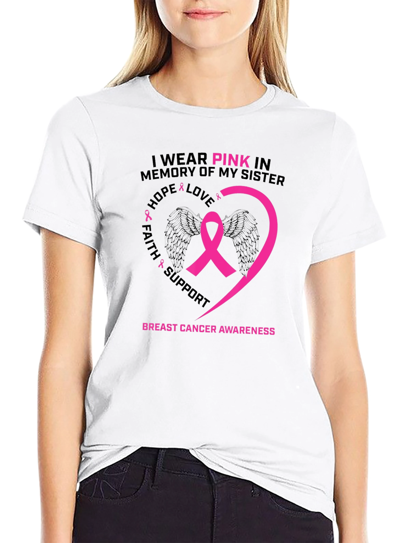 Black Pink Ribbon Breast Cancer Awareness T-Shirt view 9