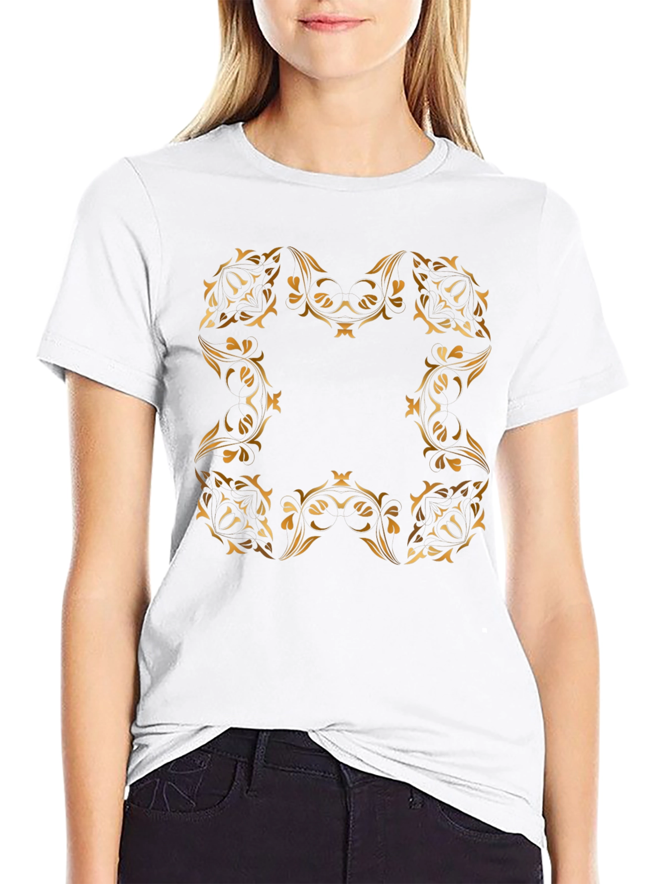 Black Elegant Gold Floral Design Black T-Shirt view 9