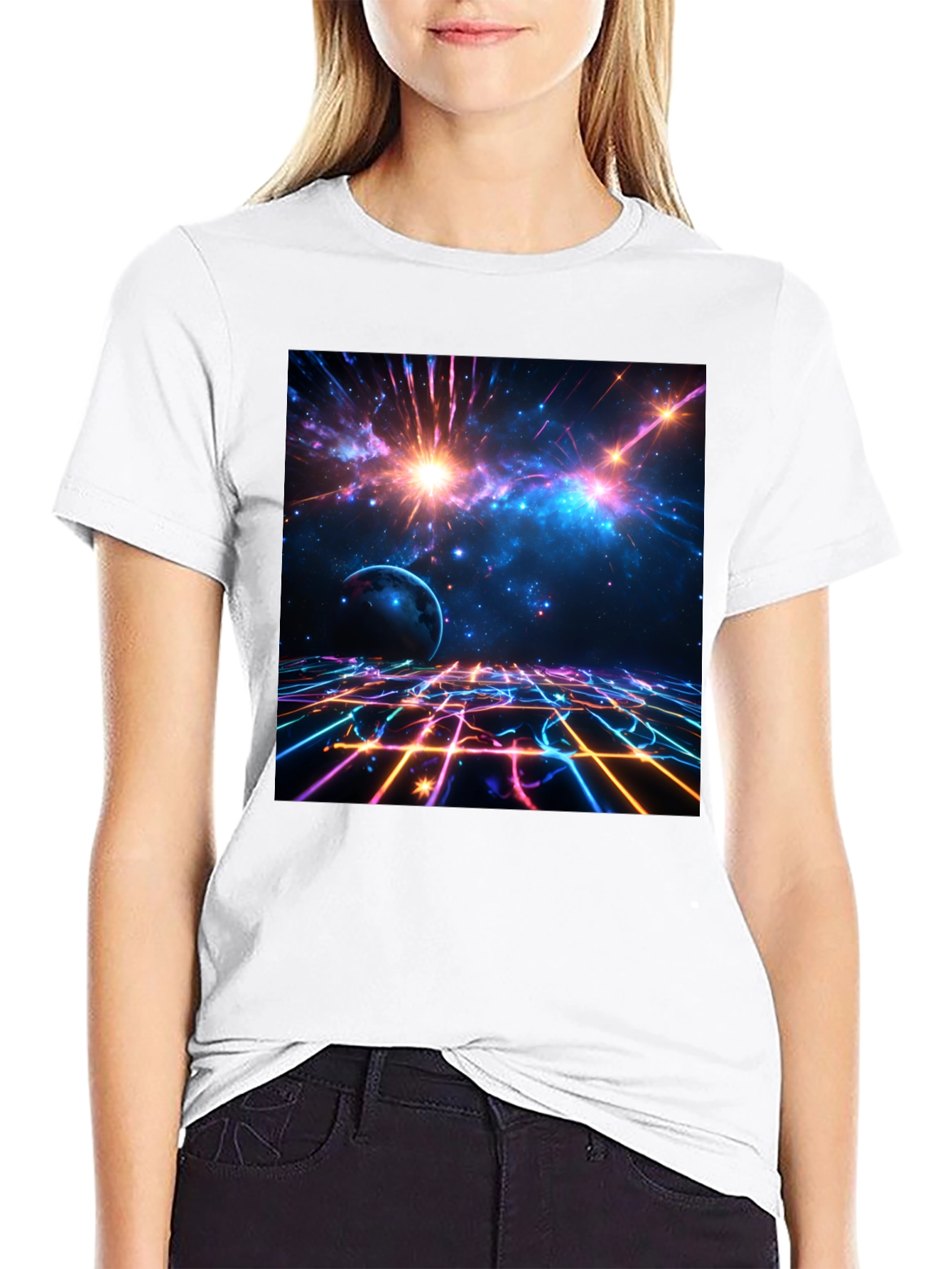 Black Nebula Space Graphic Tee - Stylish Black Cotton T-Shirt view 9