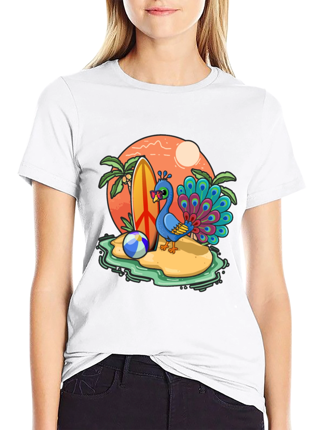 Black Peacock Paradise T-Shirt - Beach Vacation Vibes view 9