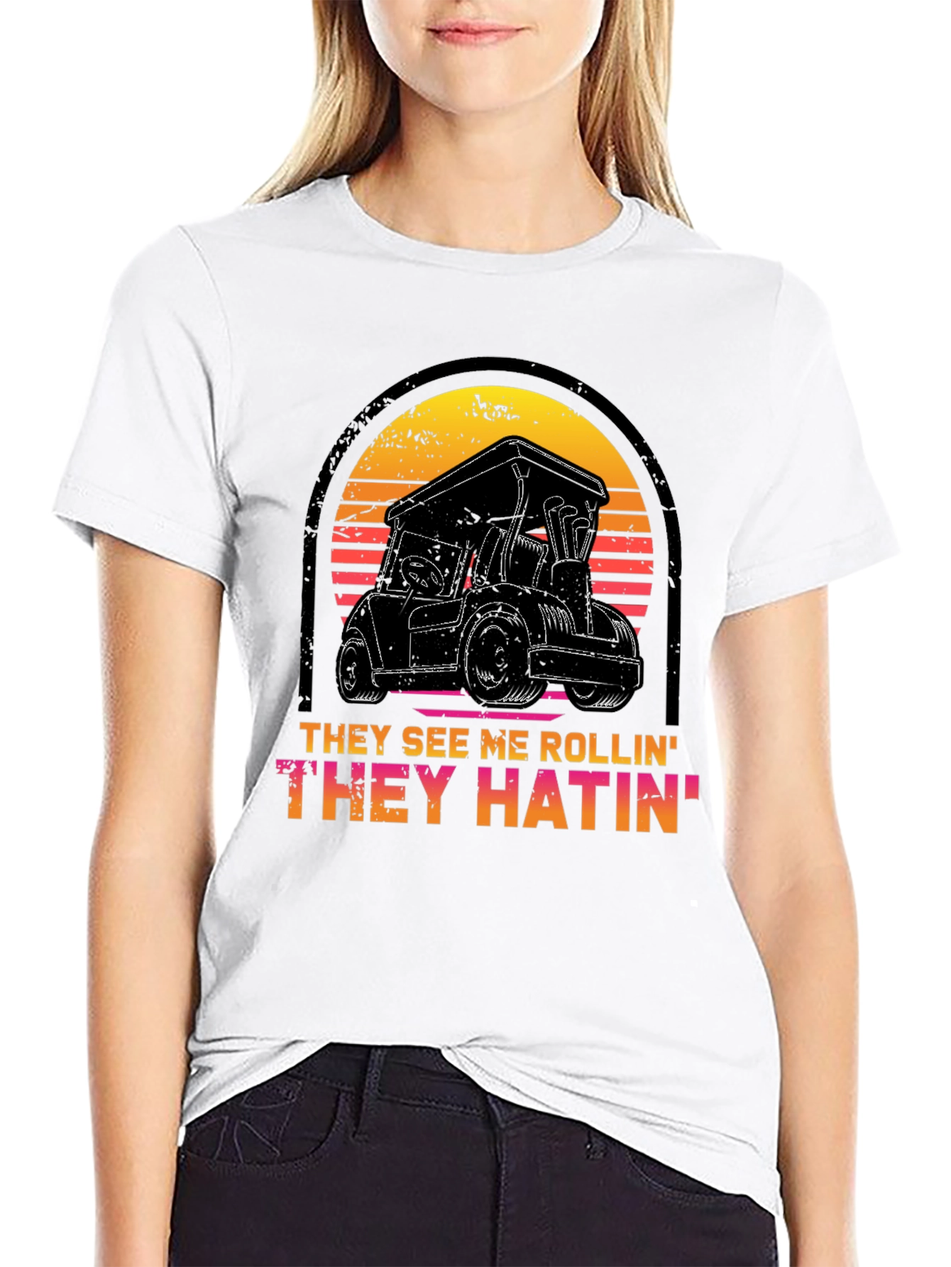 Black Golf Cart Sunset T-Shirt - They See Me Rollin' Tee view 9