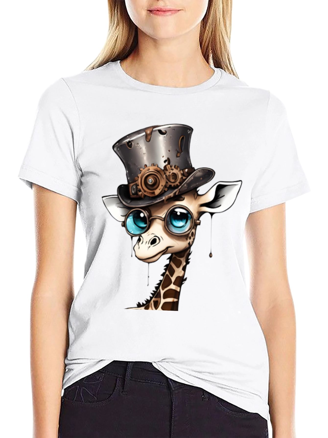 Black Steampunk Giraffe T-Shirt - Whimsical Animal Top view 9