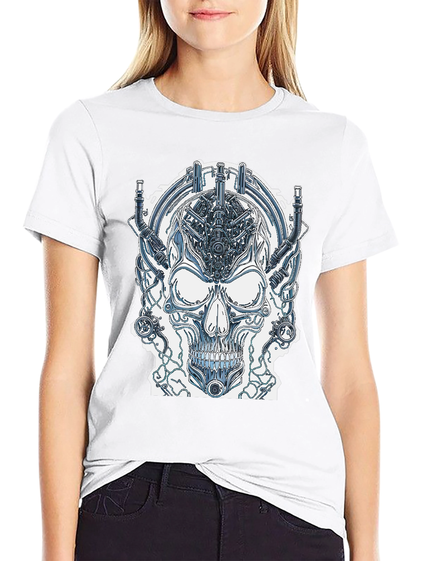 Black Cyberpunk Skull Graphic Tee - Edgy Sci-Fi Design view 9