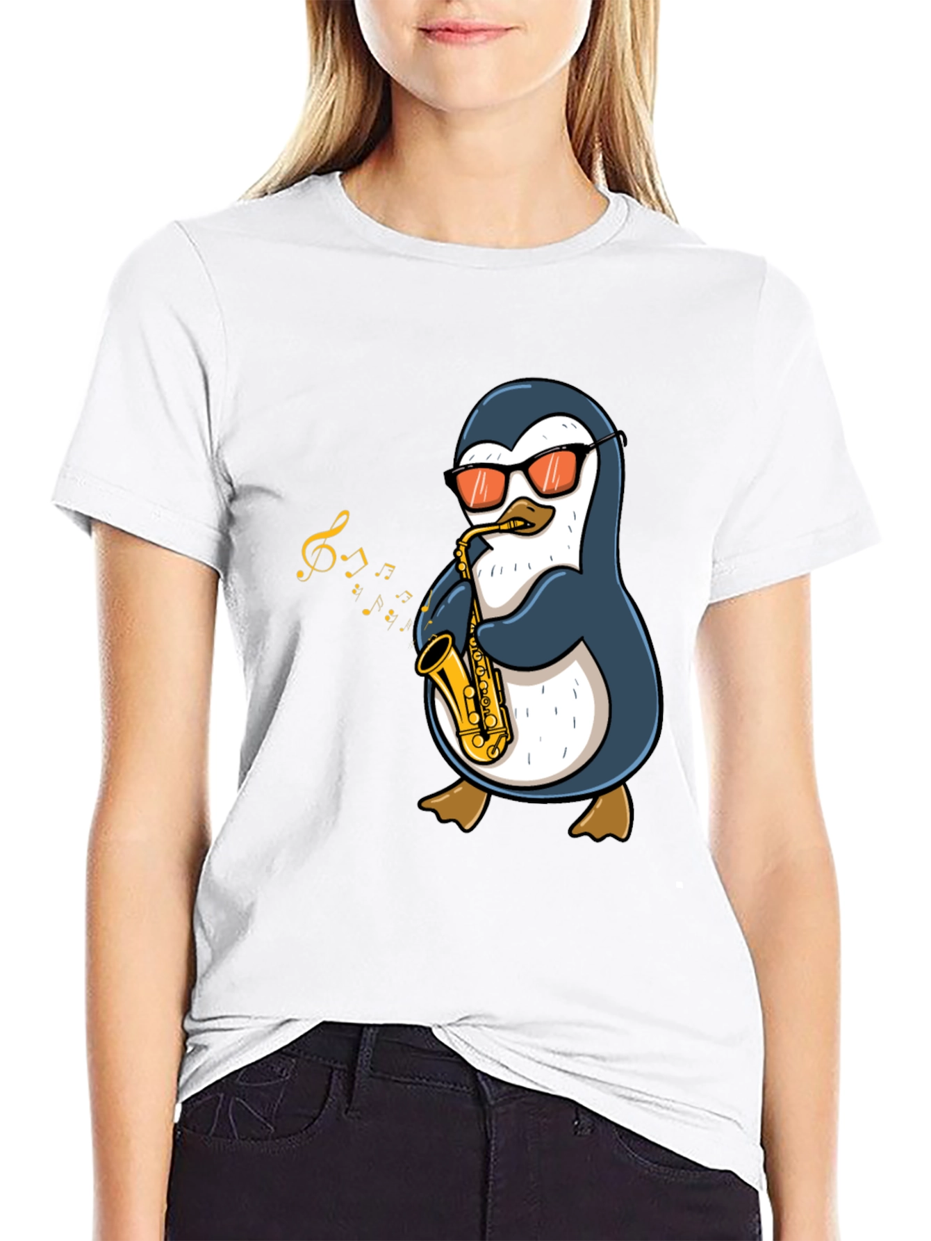 Black Penguin Sax Player Graphic T-Shirt - Cool Music Tee view 9