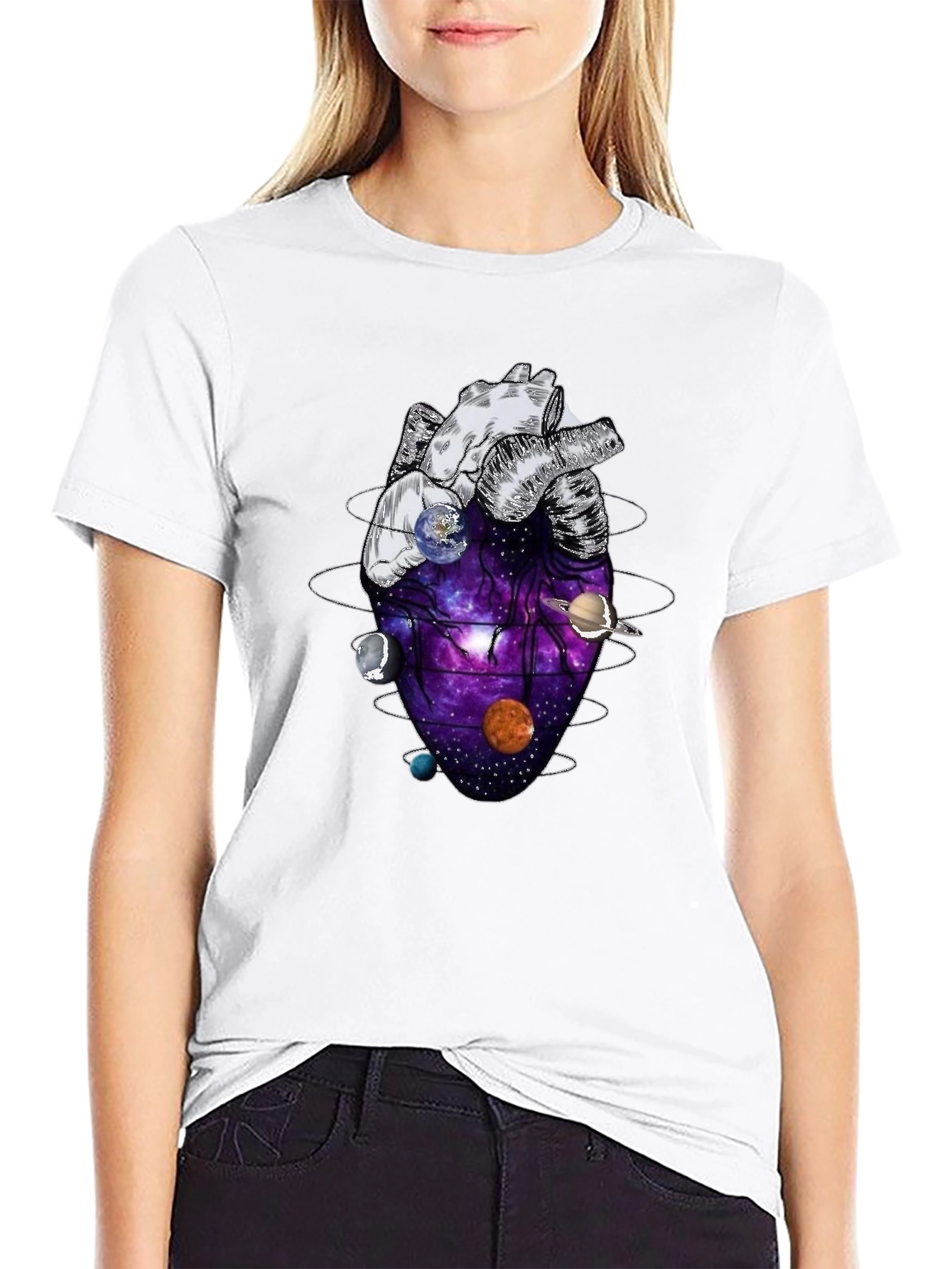 Black Anatomical Heart Planets Universe Men's T-Shirt view 9