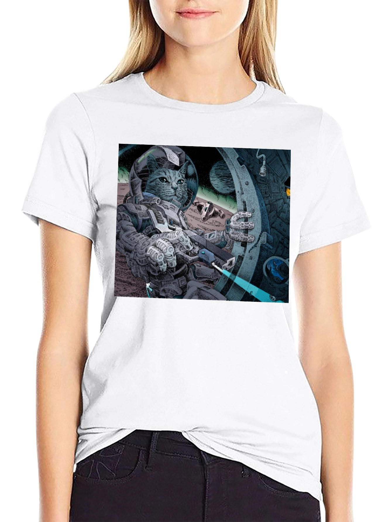 Black Cosmic Cat Astronaut T-Shirt - Cool Graphic Tee view 9