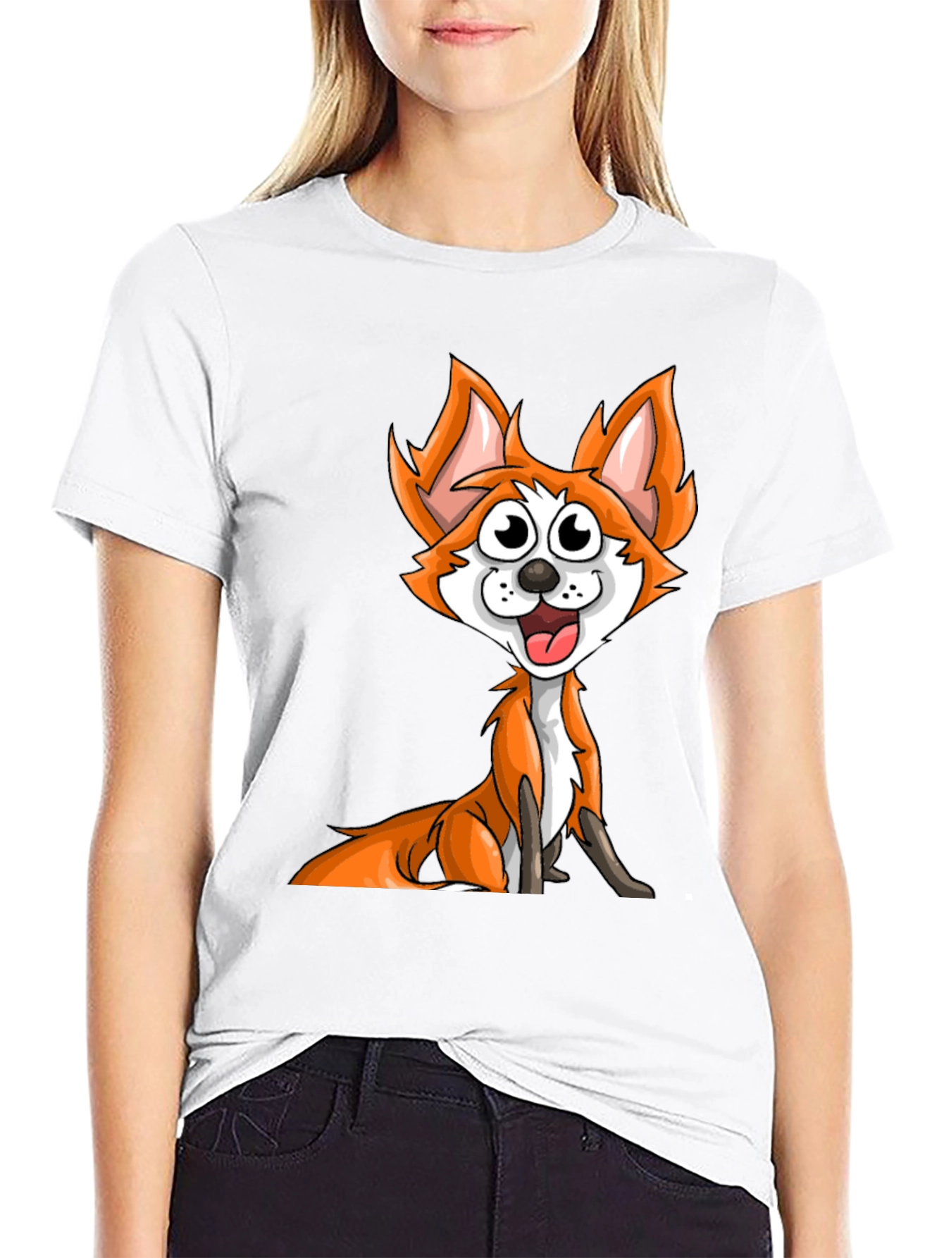 Black Cartoon Fox Graphic Tee - Black Crew Neck T-Shirt view 9
