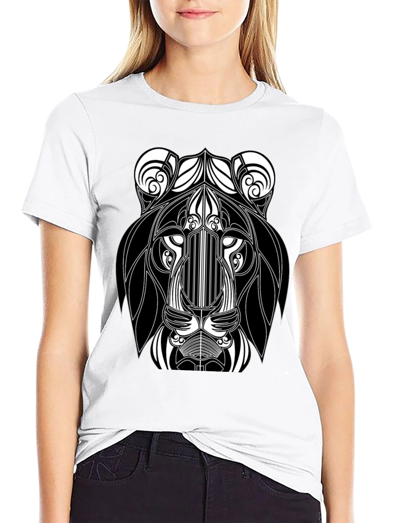 Black Abstract Lion Head Black Graphic T-Shirt view 9