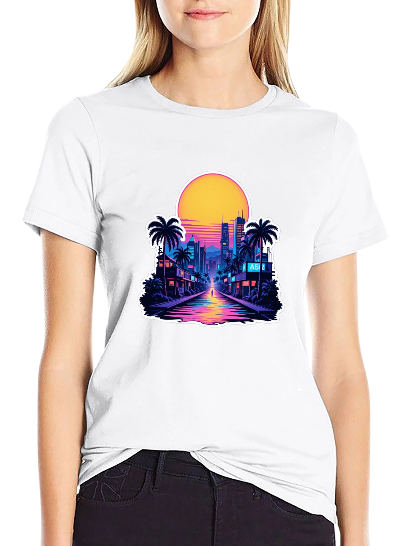 Black Retro Wave Cityscape T-Shirt view 9