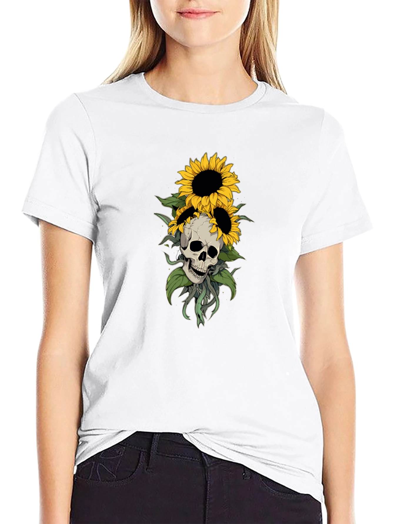 Black Skull & Sunflower Graphic Tee - Stylish Black T-Shirt view 9
