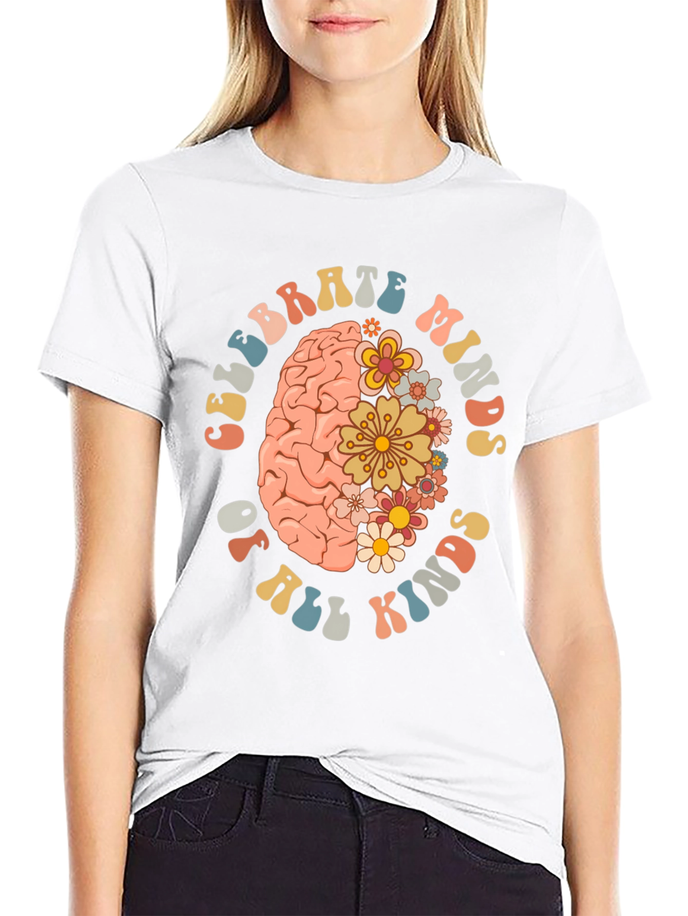 Black Celebrate Minds T-Shirt - Floral Brain Design view 9