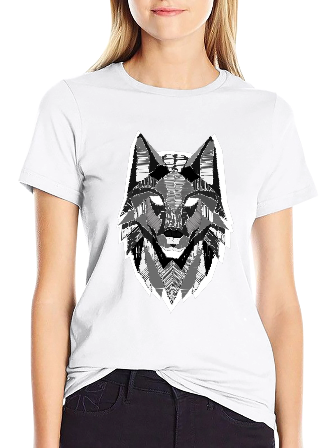 Black Geometric Wolf Head Graphic Print Black T-Shirt view 9