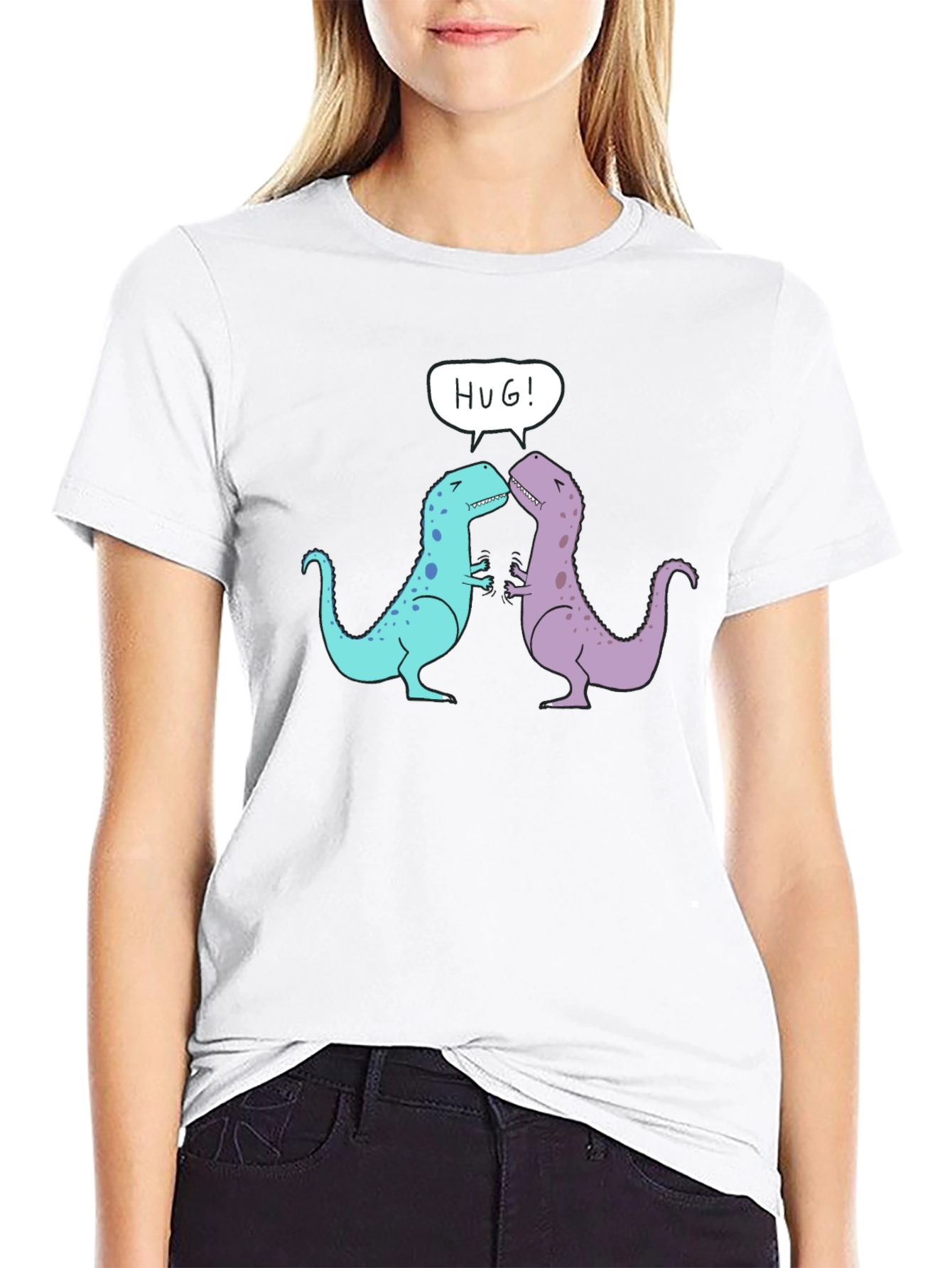 Black Dino Hug T-Shirt - Cute Cartoon Dinosaur Graphic Tee view 9