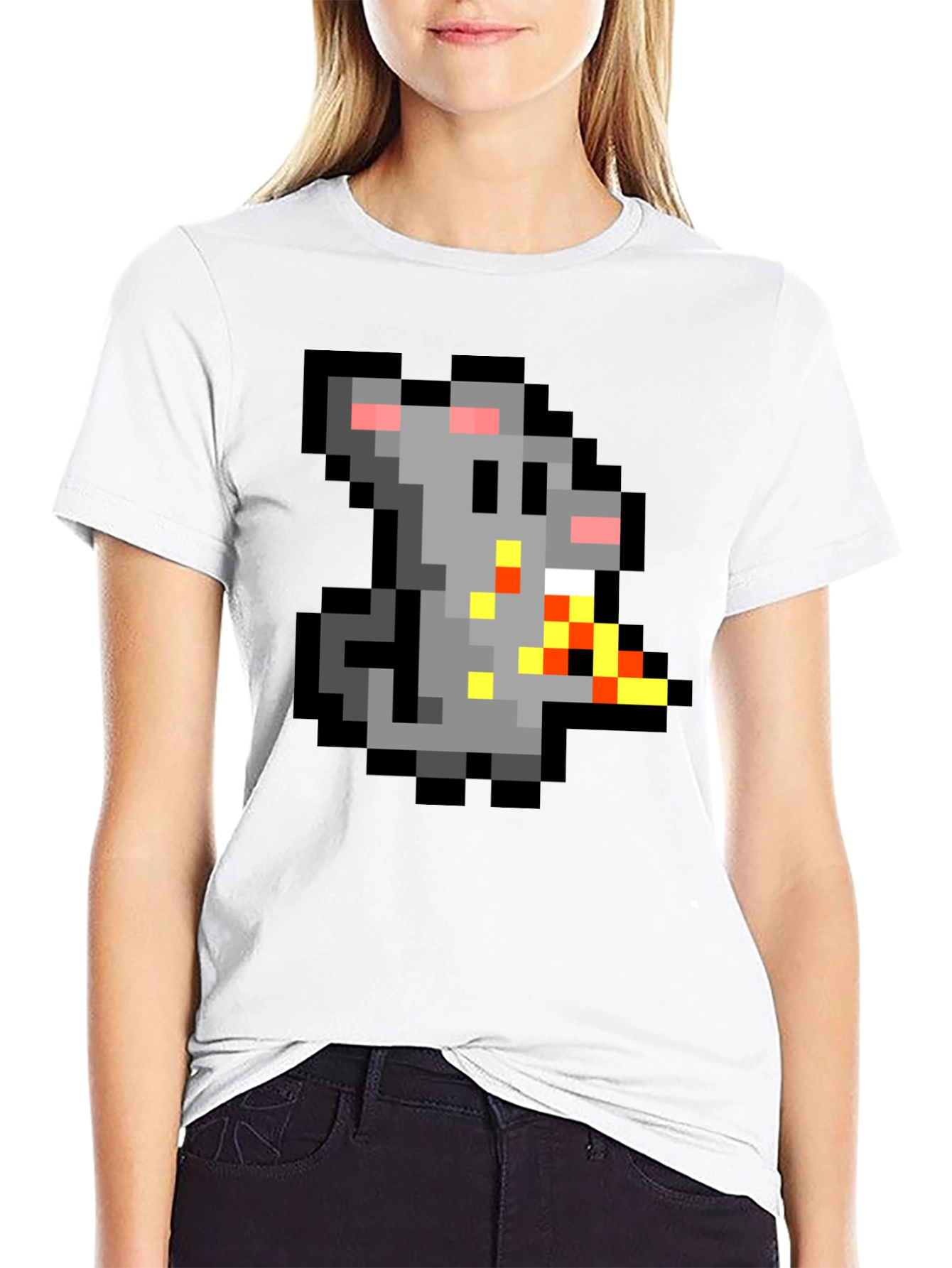 Black Pixel Rat Eating Pizza Graphic Tee view 9