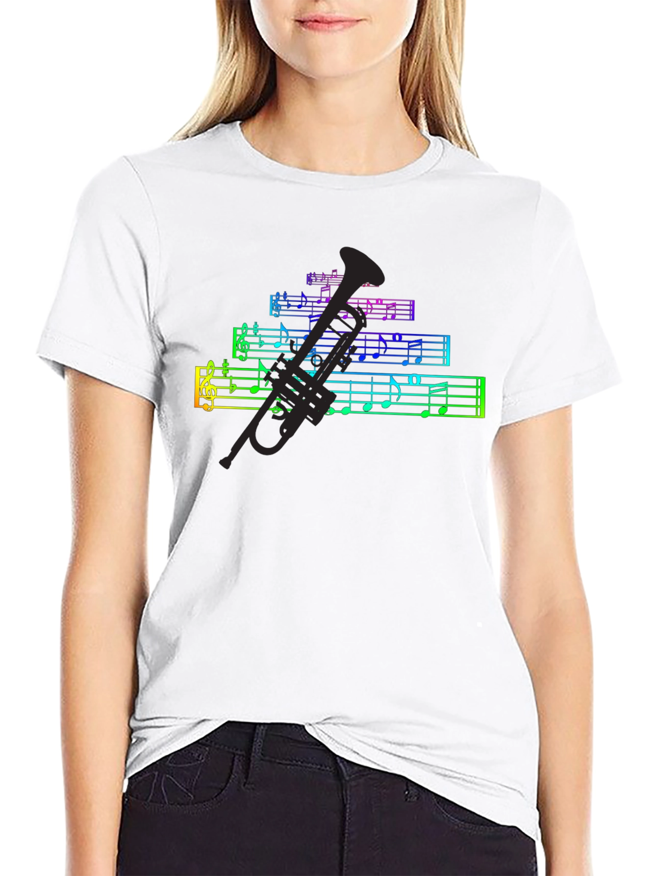 Black Rainbow Music Notes & Trumpet Black T-Shirt view 9