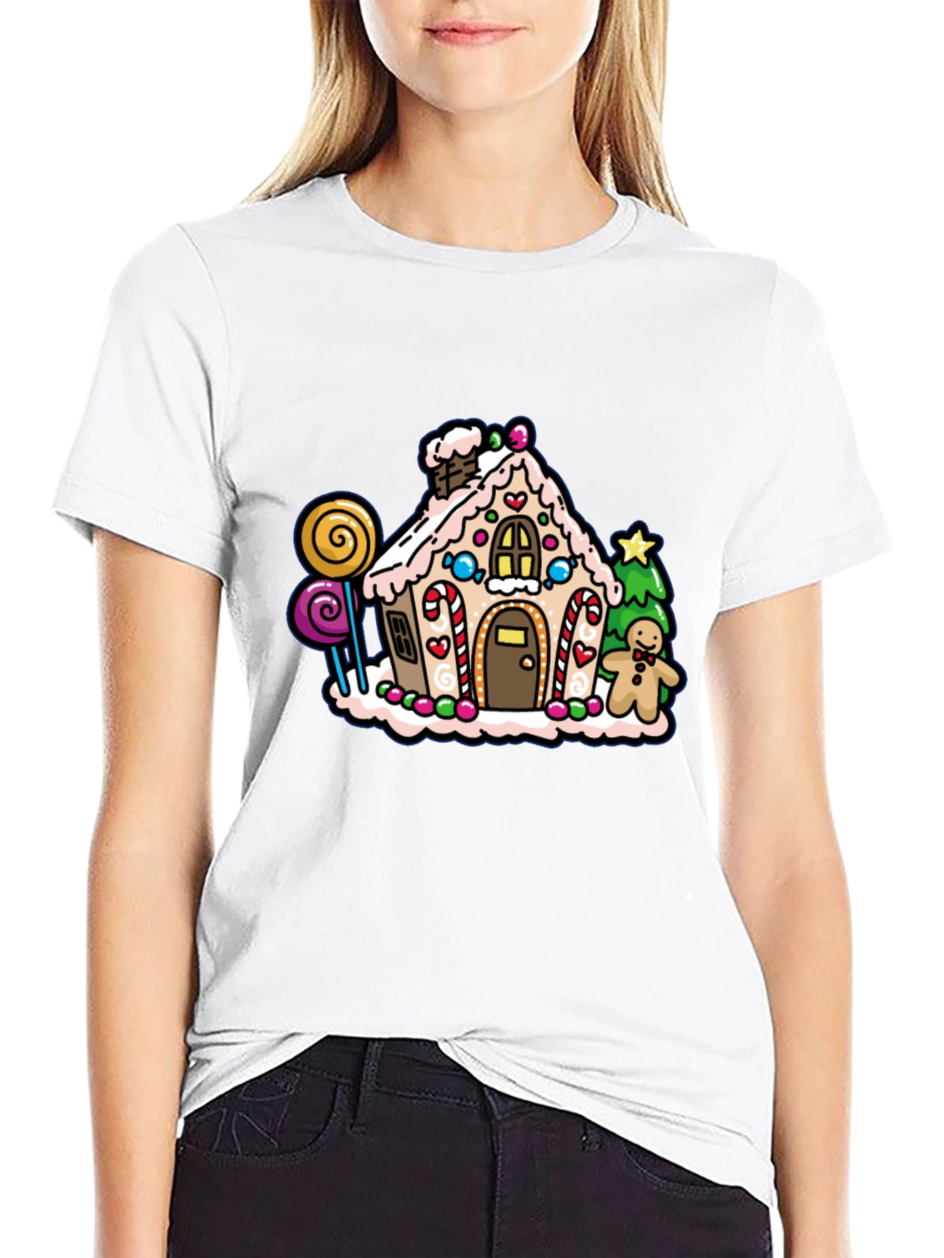 Black Gingerbread House Graphic Tee - Festive Holiday Shirt view 9
