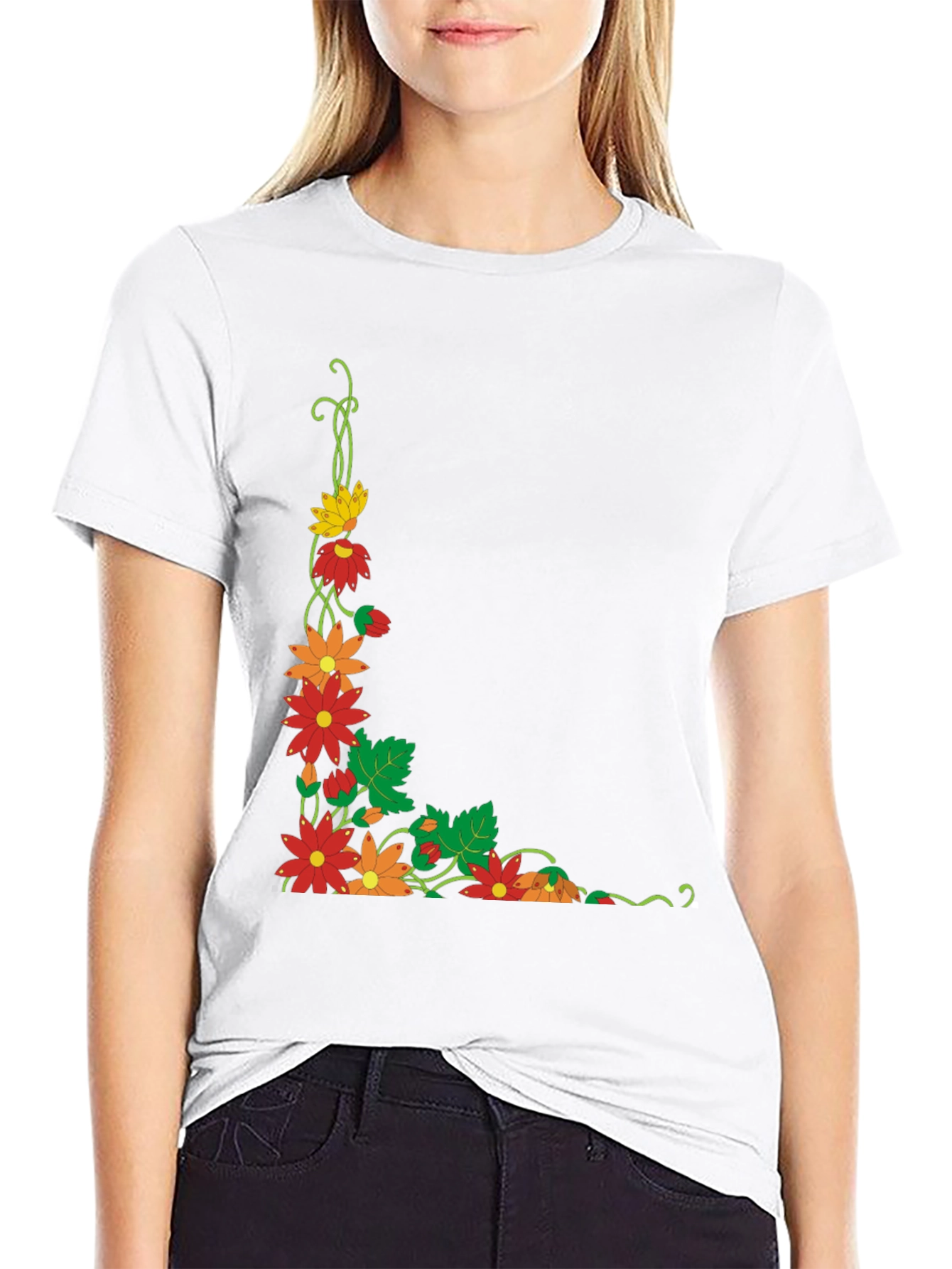 Black Floral Corner Design Black T-Shirt view 9