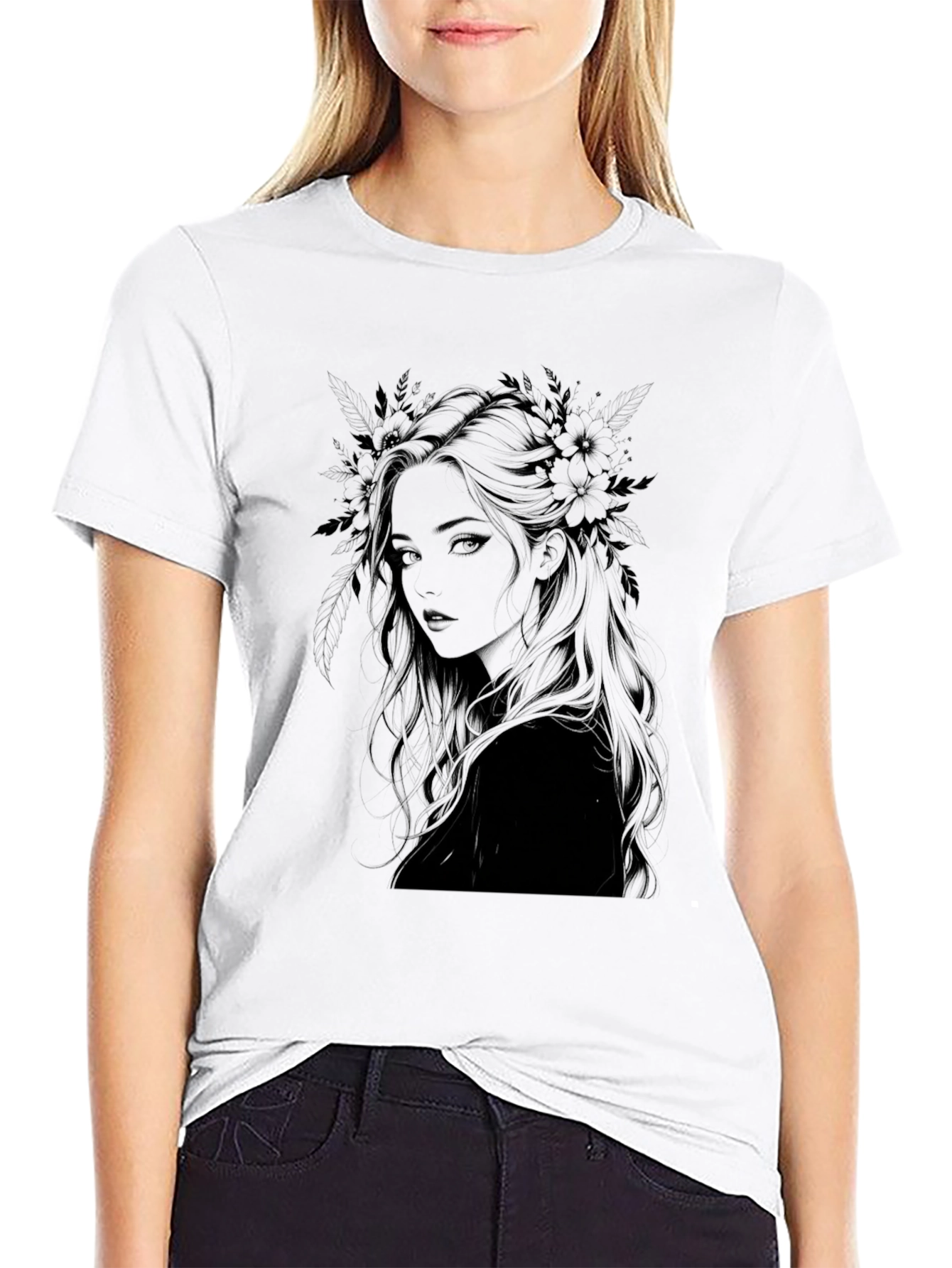 Black Dark Floral Woman Graphic Print Tee view 9