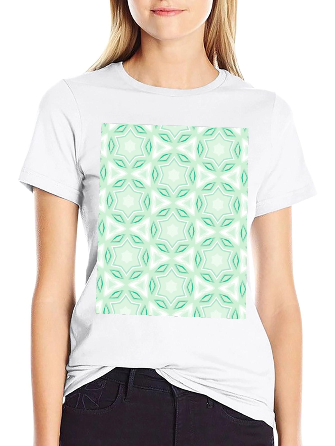 Black Kaleidoscope Pattern T-Shirt - Mint Green & White view 9