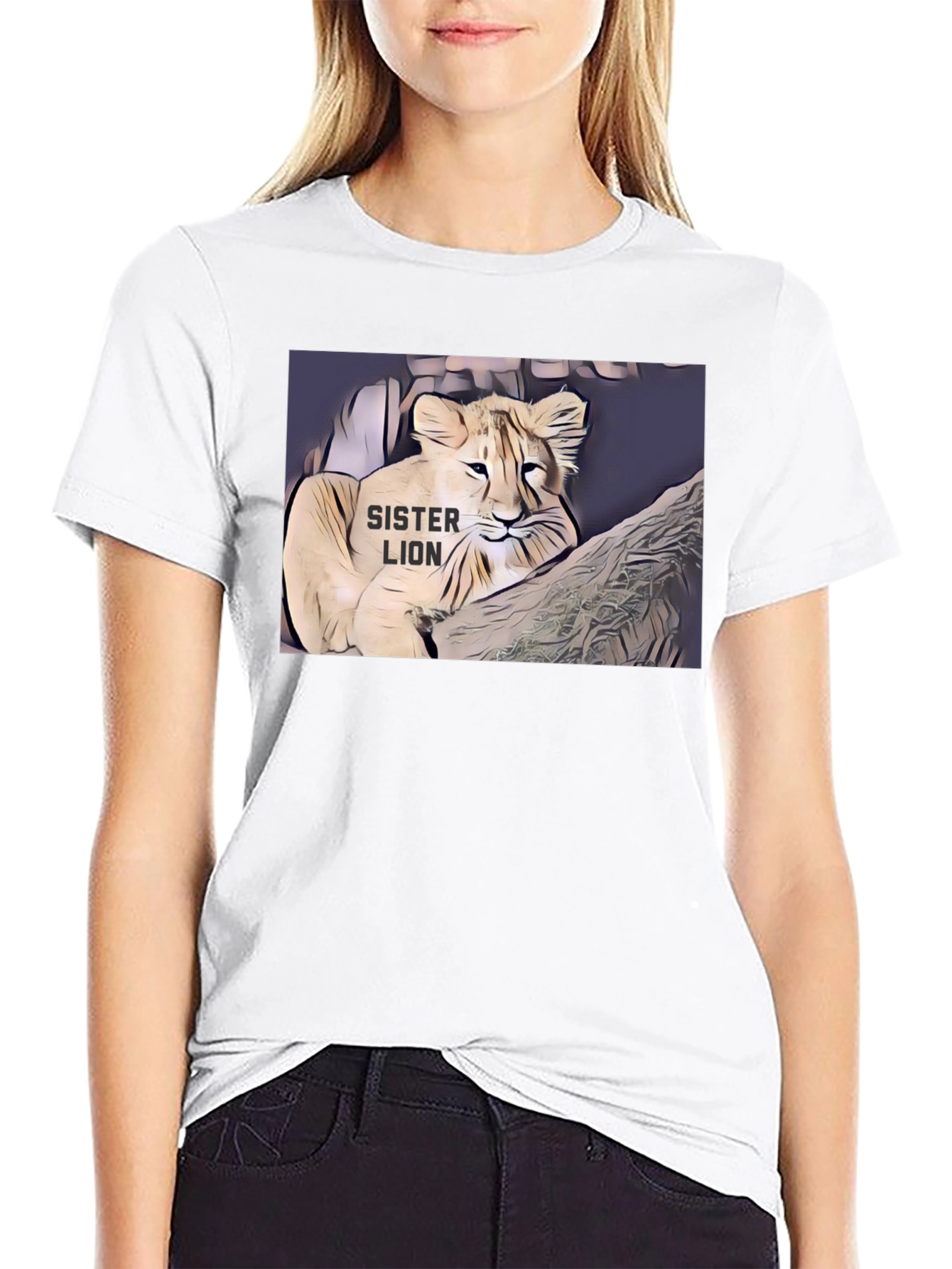 Black Sister Lion Graphic Tee - Black Cotton T-Shirt view 9