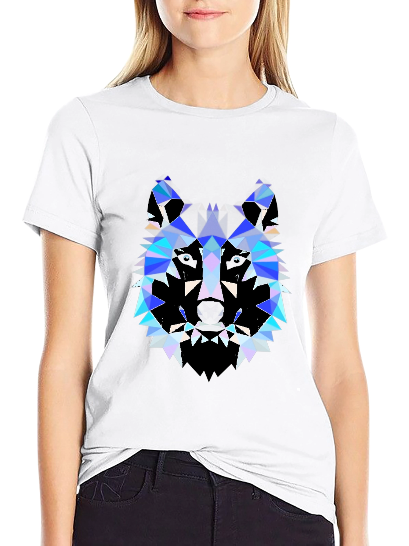 Black Geometric Wolf Print Black T-Shirt view 9