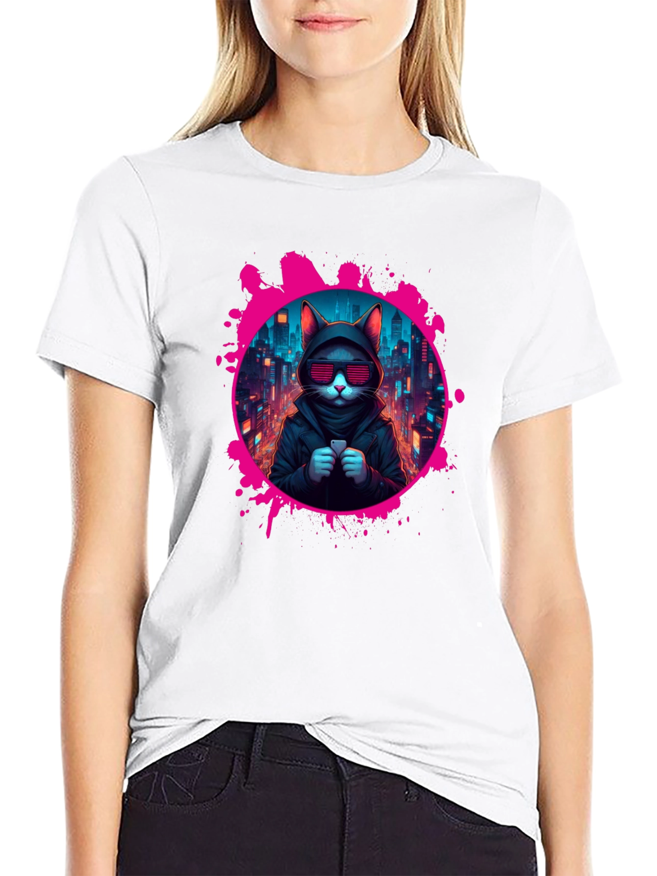 Black Cyberpunk Cat T-Shirt view 9