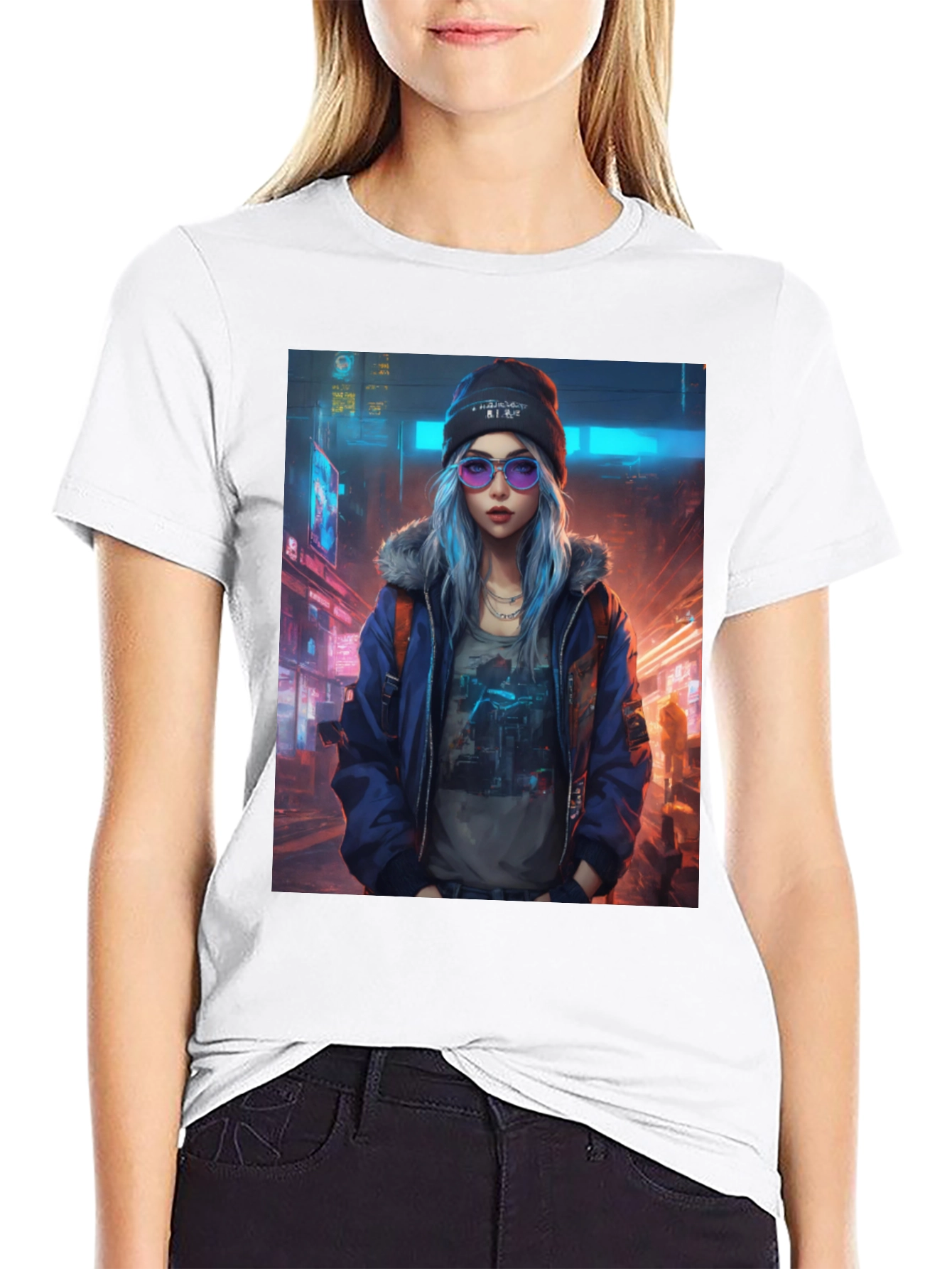 Black Cyberpunk Girl Graphic T-Shirt - Trendy Urban Style view 9