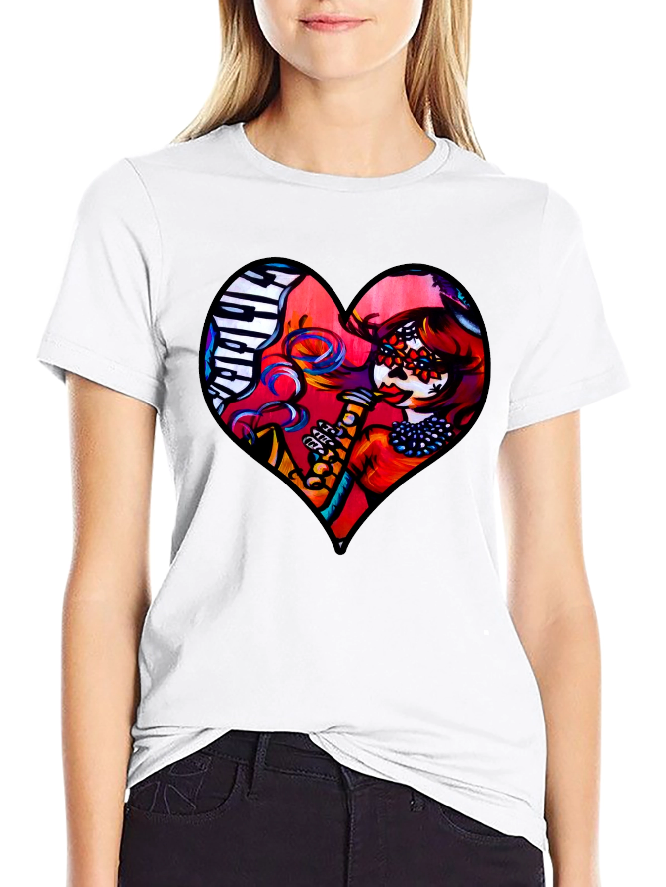 Black Heart Shaped Dia de Los Muertos T-Shirt view 9