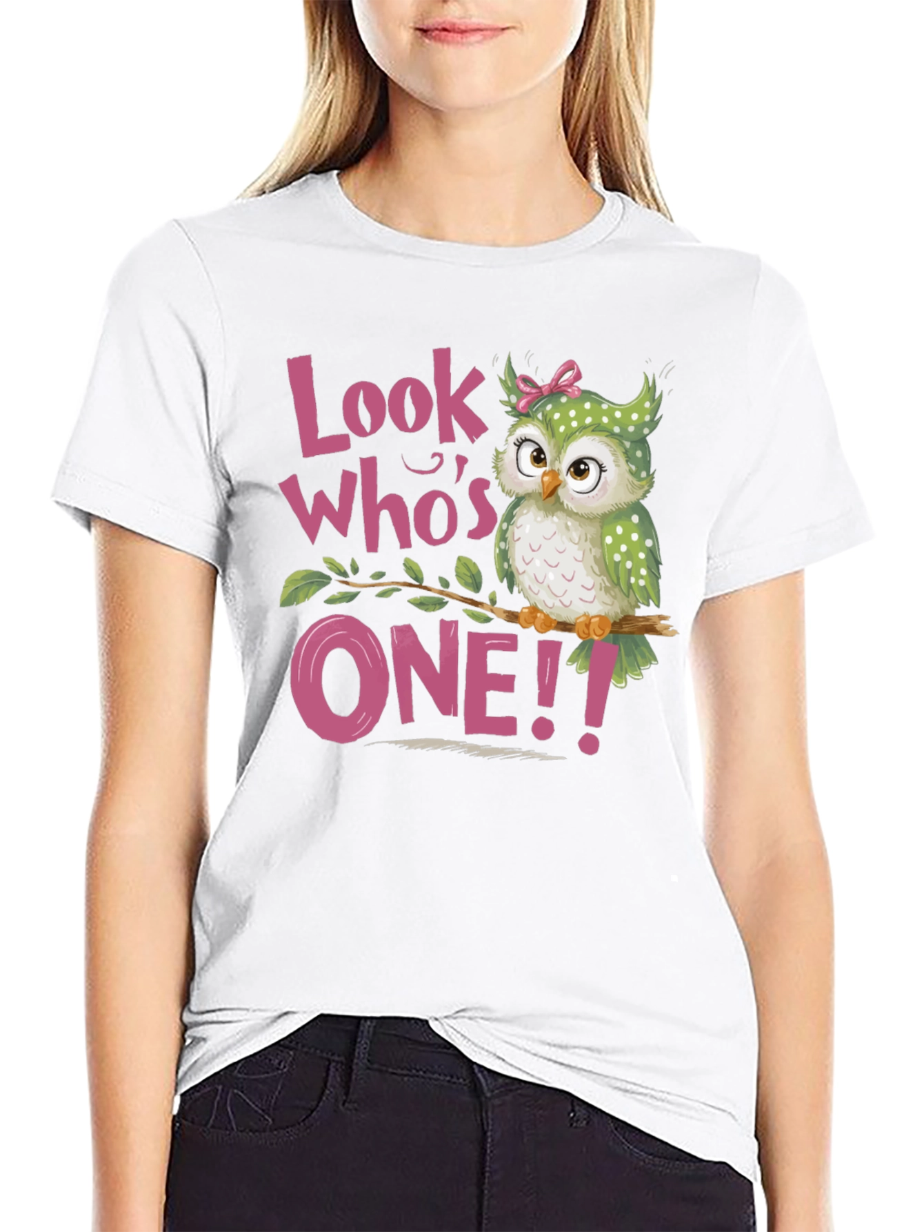 Black Look Who's One! Baby's 1st Birthday Owl T-Shirt view 9