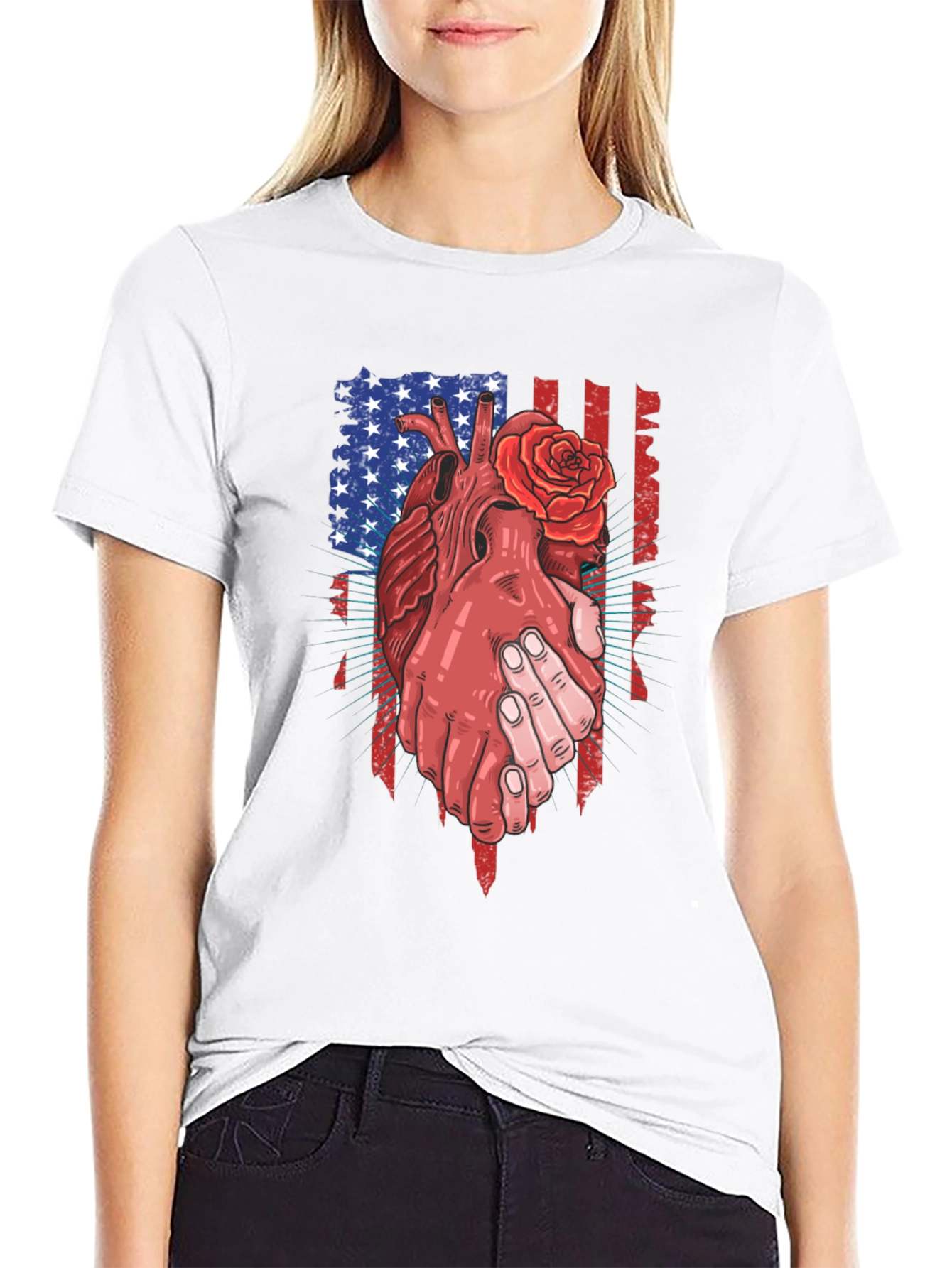 Black Patriotic Heart & Rose Graphic T-Shirt view 9