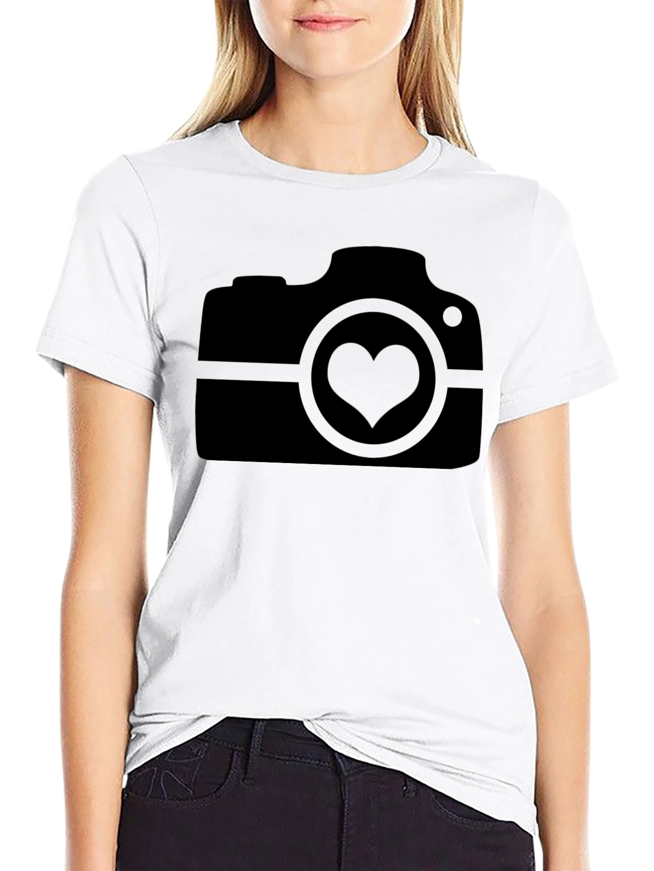 Black Heart Camera Graphic Tee - Black Crew Neck Cotton T-Shirt view 9