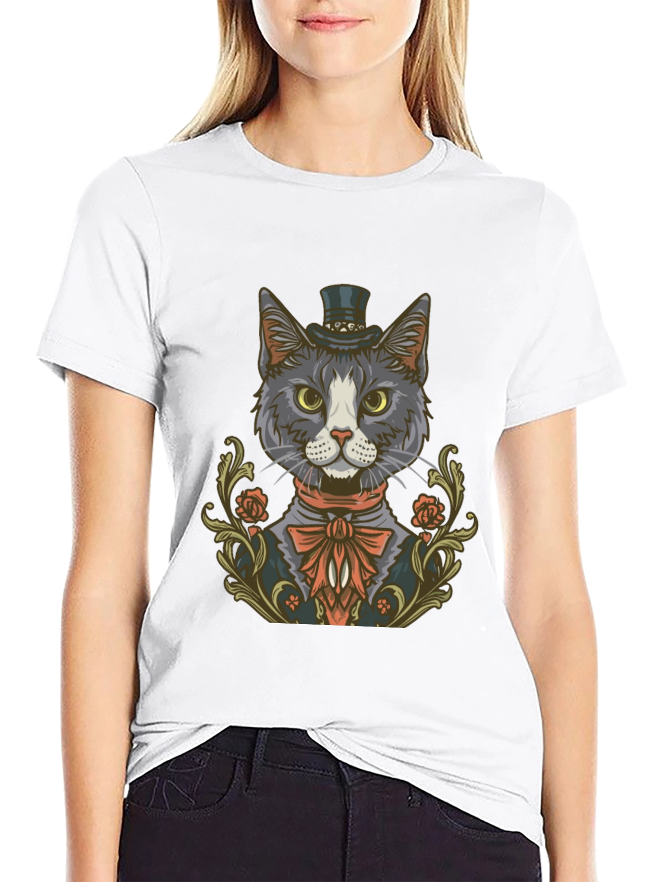Black Dapper Cat Top Hat Graphic Tee view 9