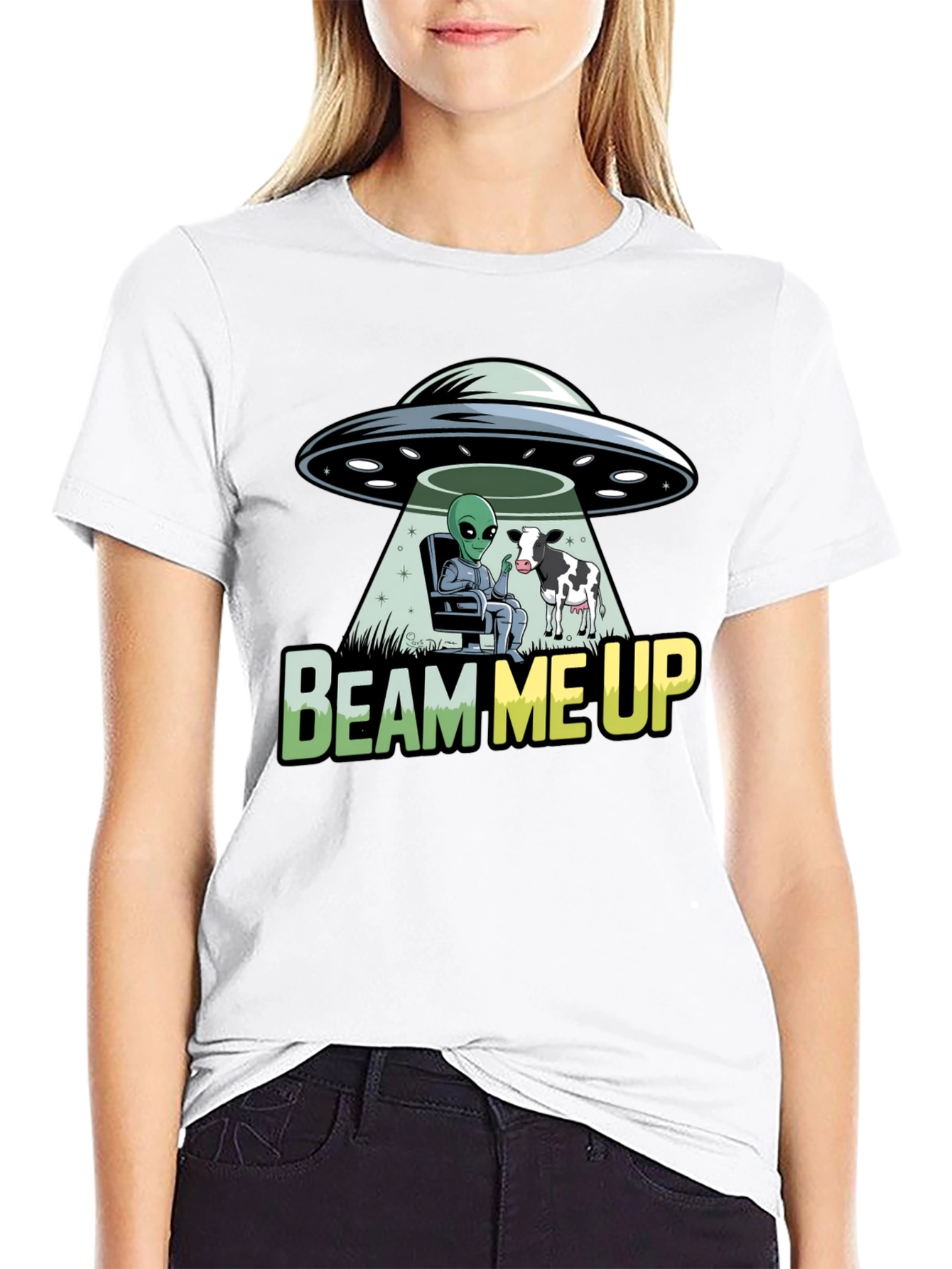 Black Beam Me Up Alien and Cow Graphic T-Shirt view 9