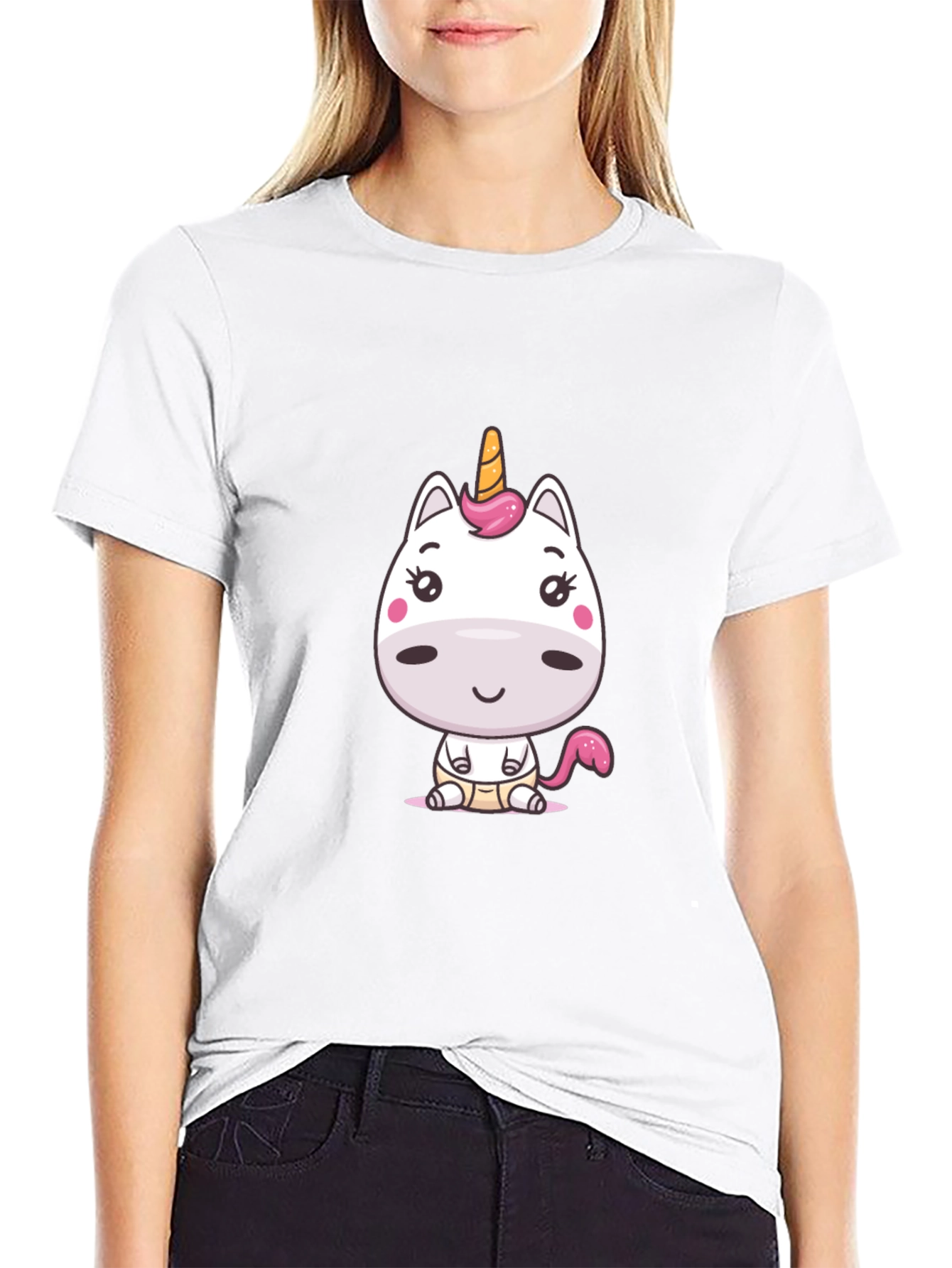 Black Cute Cartoon Unicorn Graphic Tee - Black Cotton Blend view 9