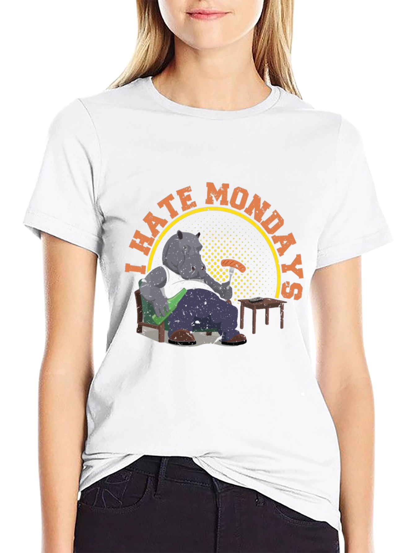 Black I Hate Mondays Graphic T-Shirt - Funny Cartoon Hippo Tee view 9