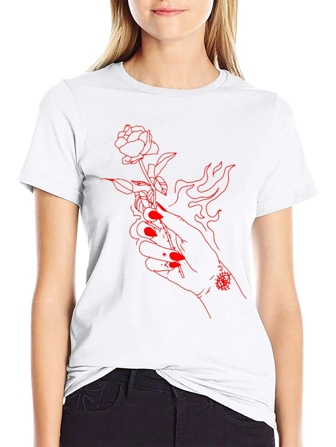 Black Red Rose Hand Graphic Black Tee view 9