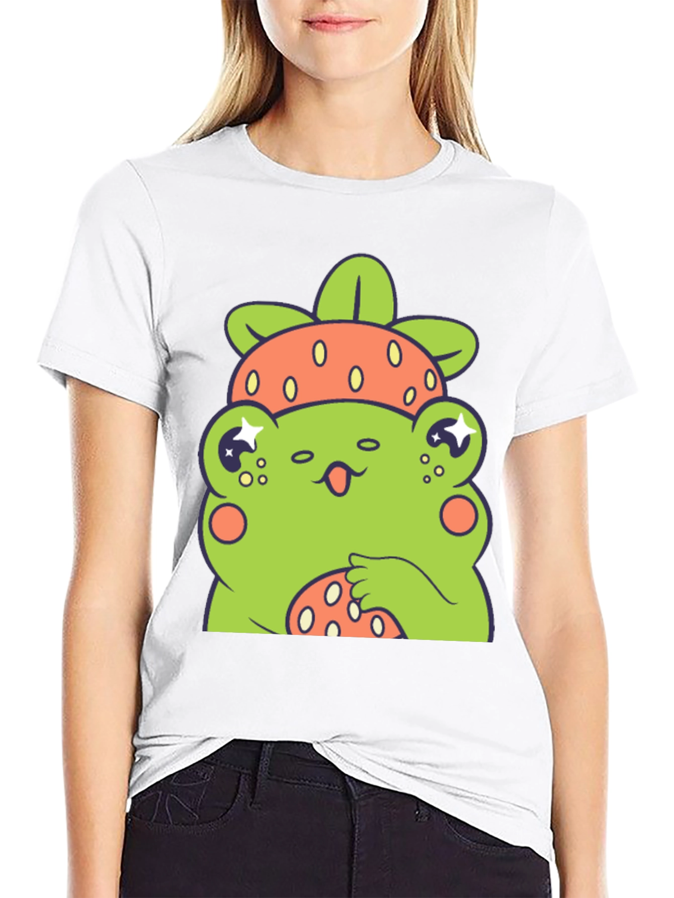 Black Frog Strawberry T-Shirt - Cute Cartoon Graphic Tee view 9