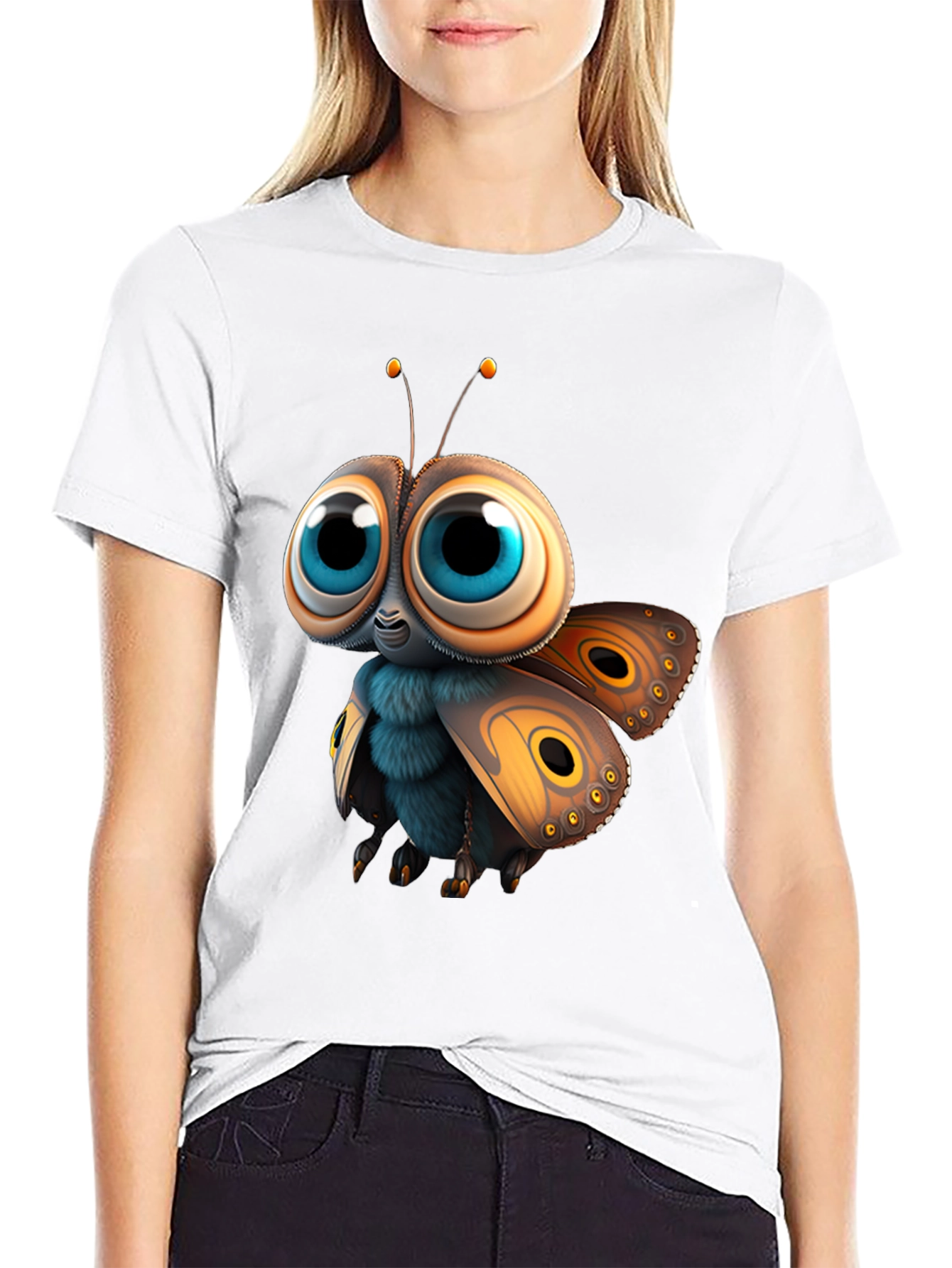 Black Cute Cartoon Moth Graphic Tee - Soft Cotton view 9