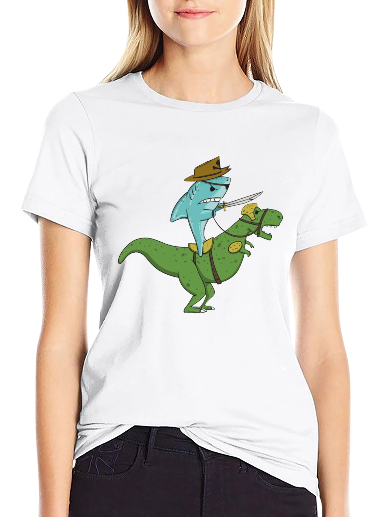 Black Shark Riding Dinosaur T-Shirt - Funny Graphic Tee view 9