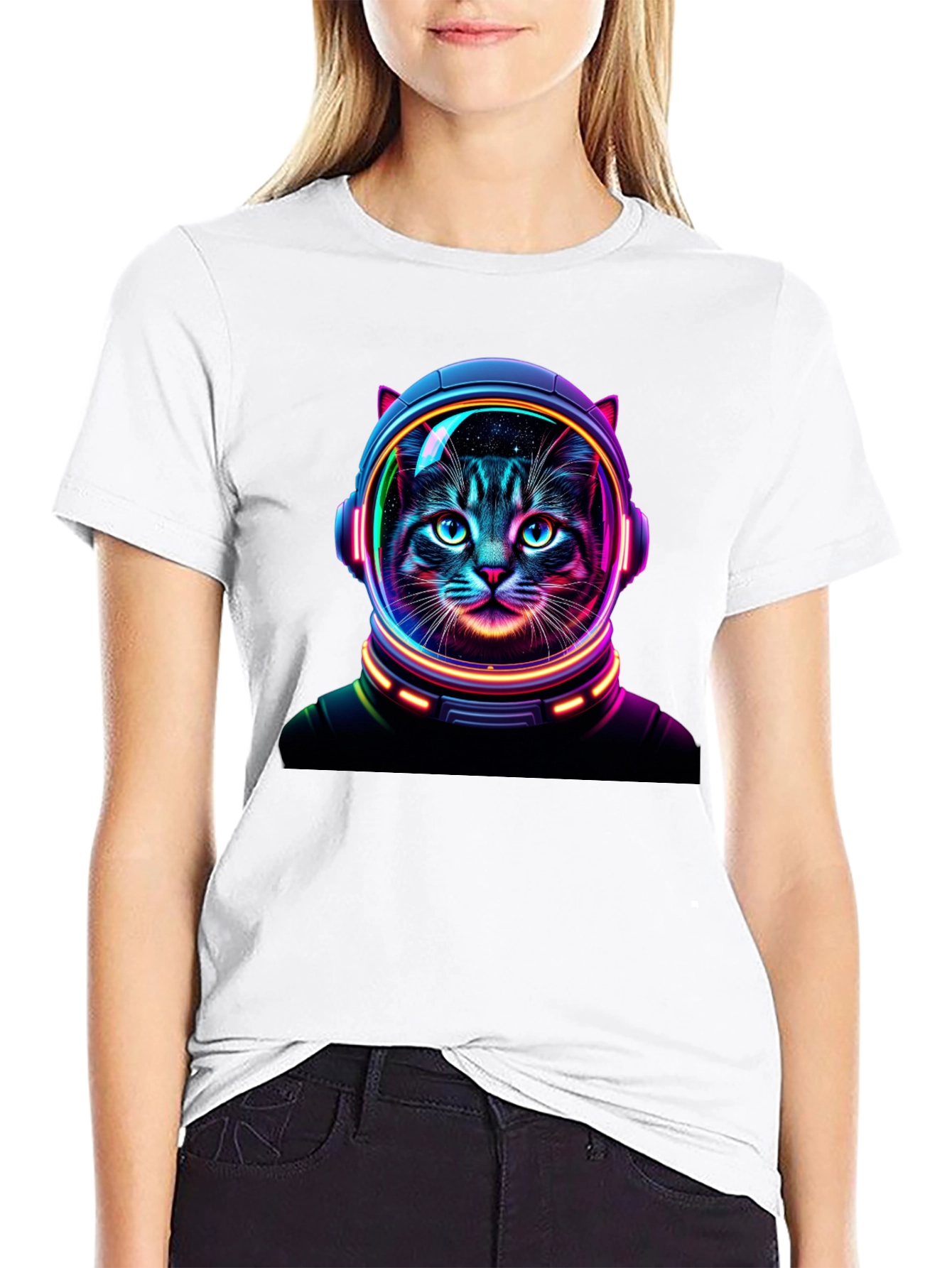 Black Cosmic Cat T-Shirt - Astronaut Feline Design view 9