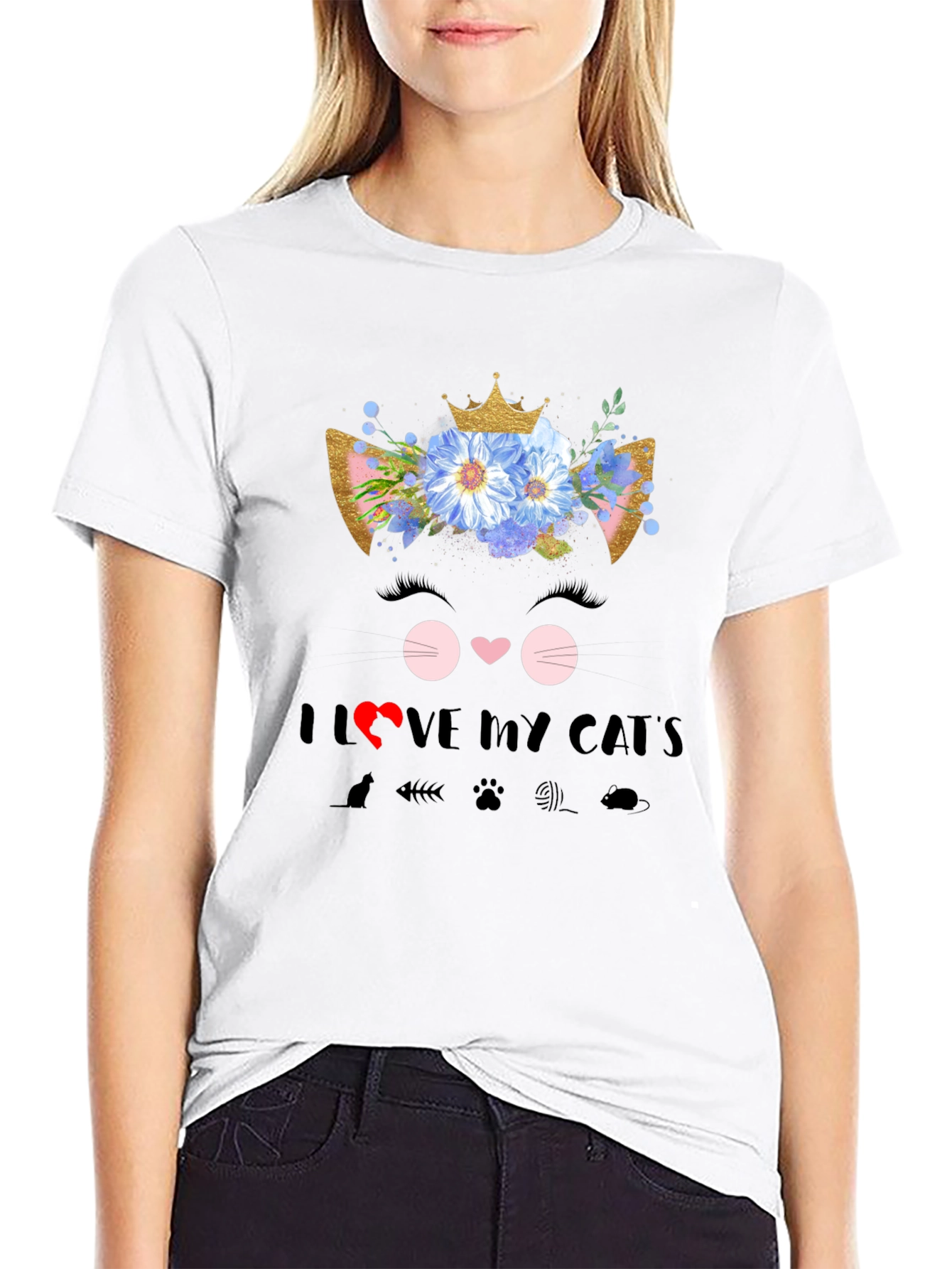 Black I Love My Cat T-Shirt - Floral Cat Design view 9