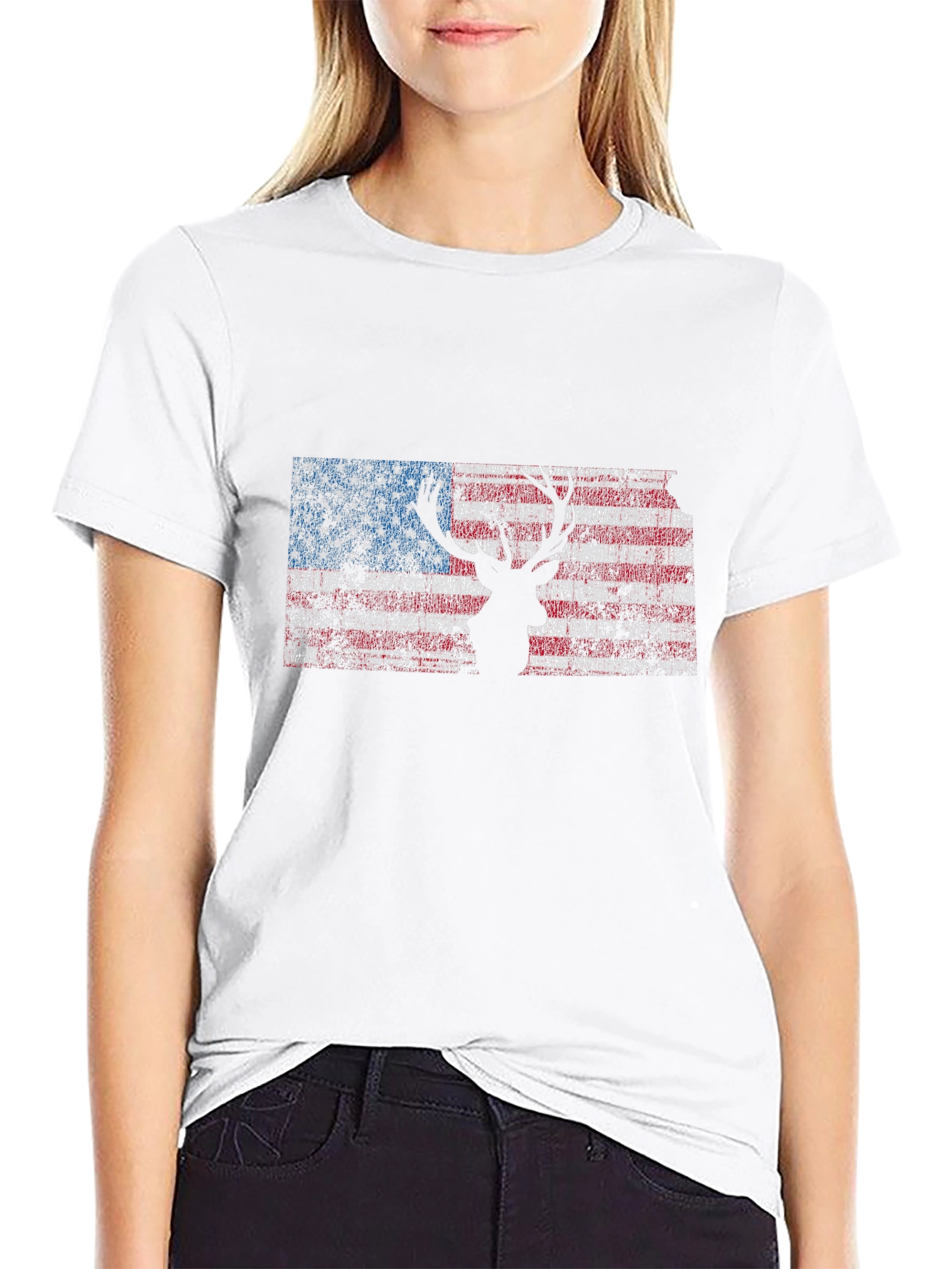 Black American Flag Deer Silhouette Graphic Tee - Patriotic Style view 9