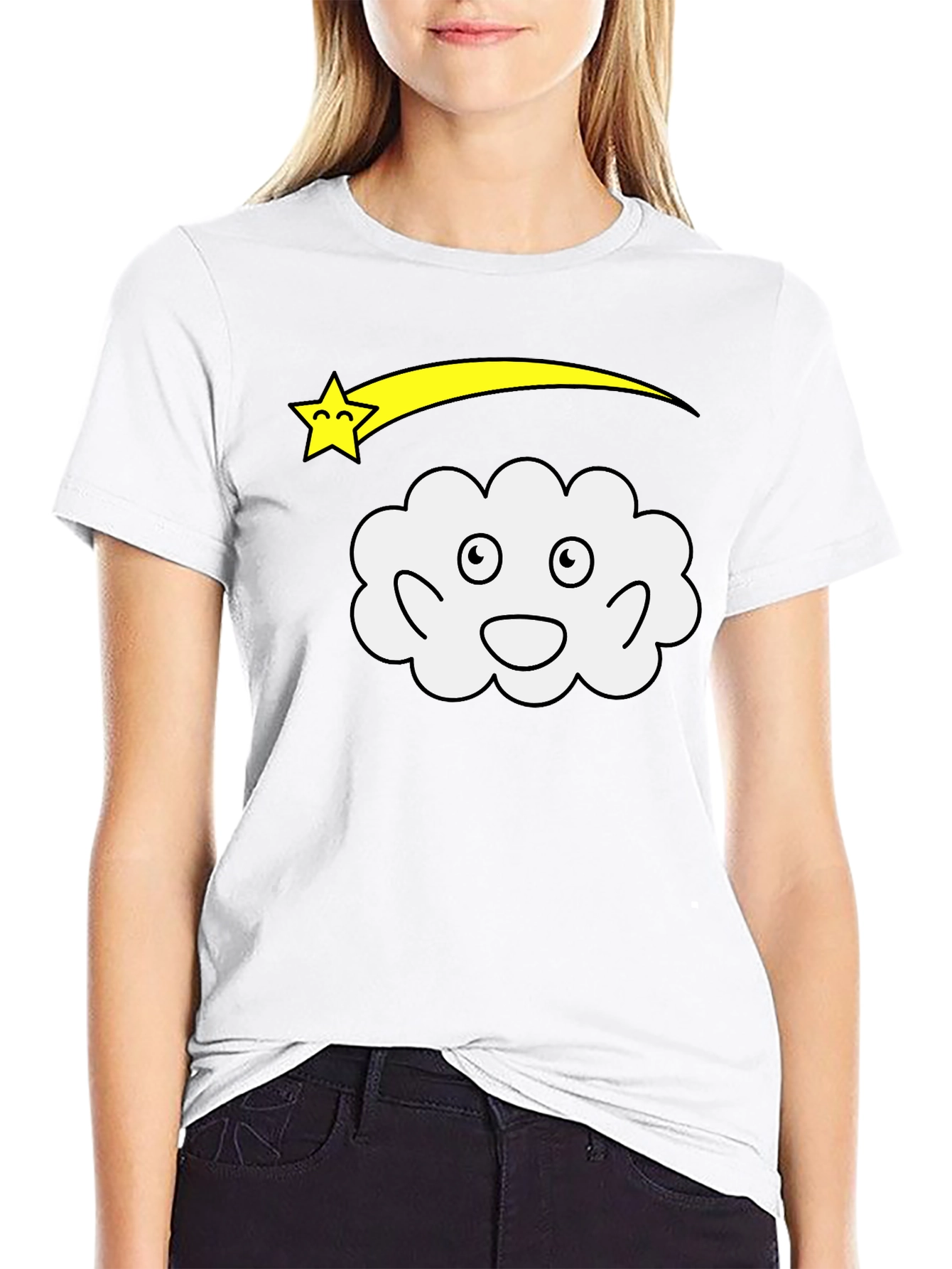 Black Cartoon Cloud & Star Black T-Shirt view 9
